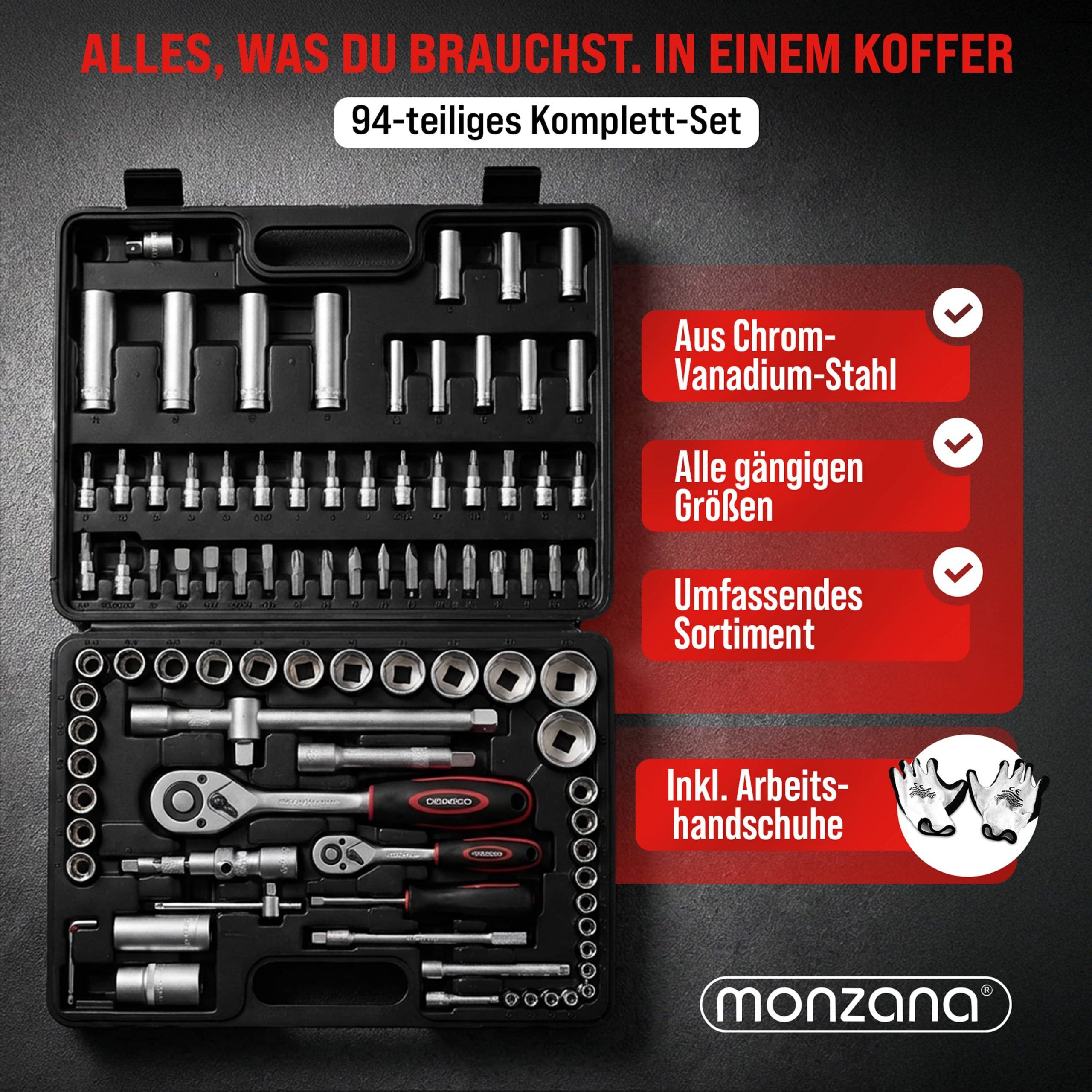 Werkzeugset 94-tlg aus Chrom-Vanadium-Stahl + Handschuhe