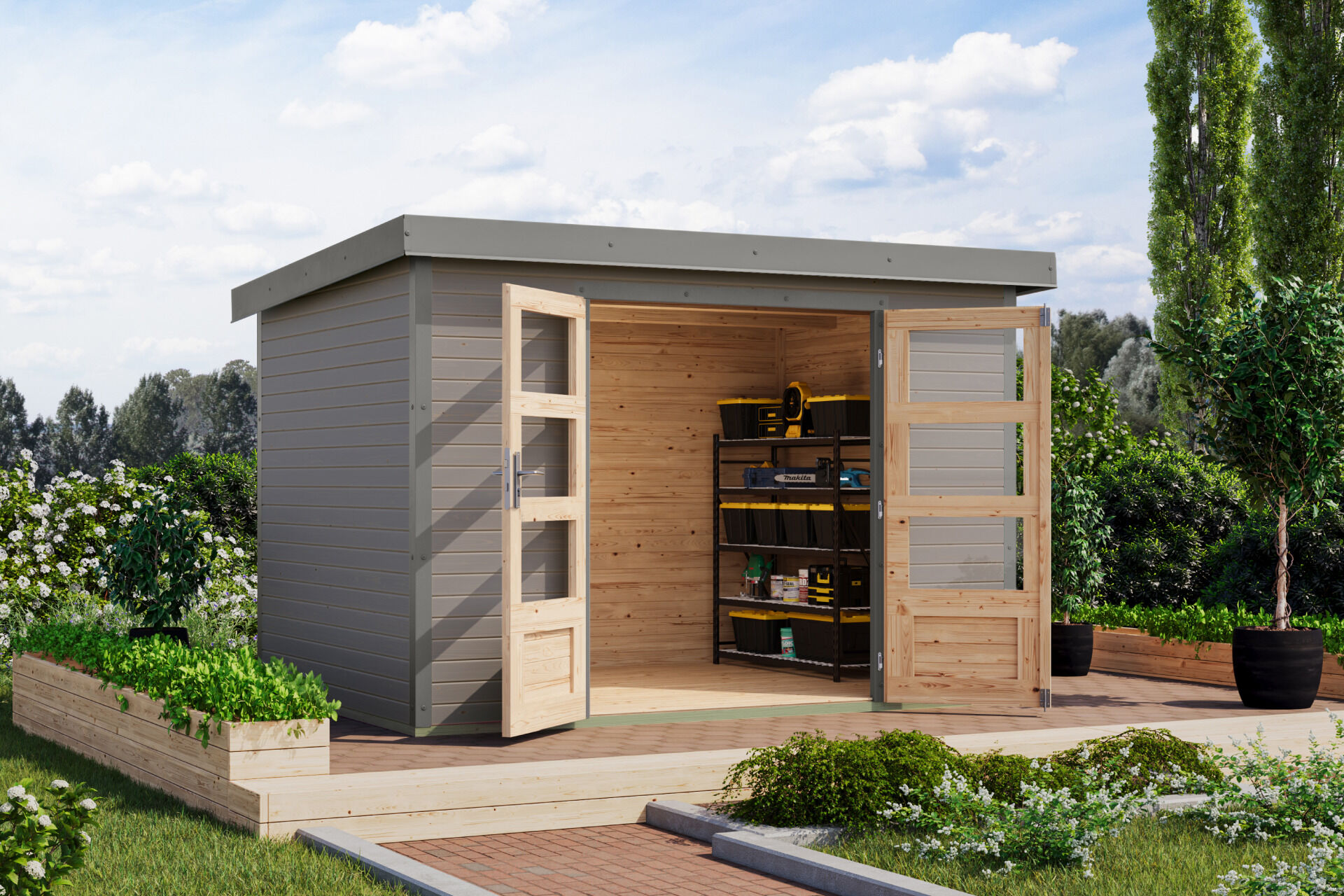 Karibu Pultdach Holz & Metall Gartenhaus Jupiter 4, naturbelassen / graualuminium