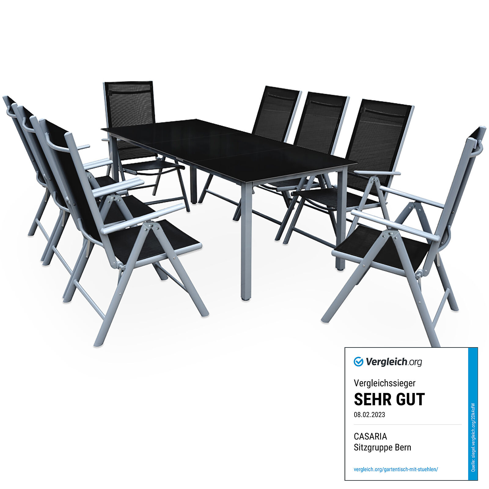 Gartensitzgruppe Bern 9-tlg 8 Personen Silber Alu Schwarz Glas
