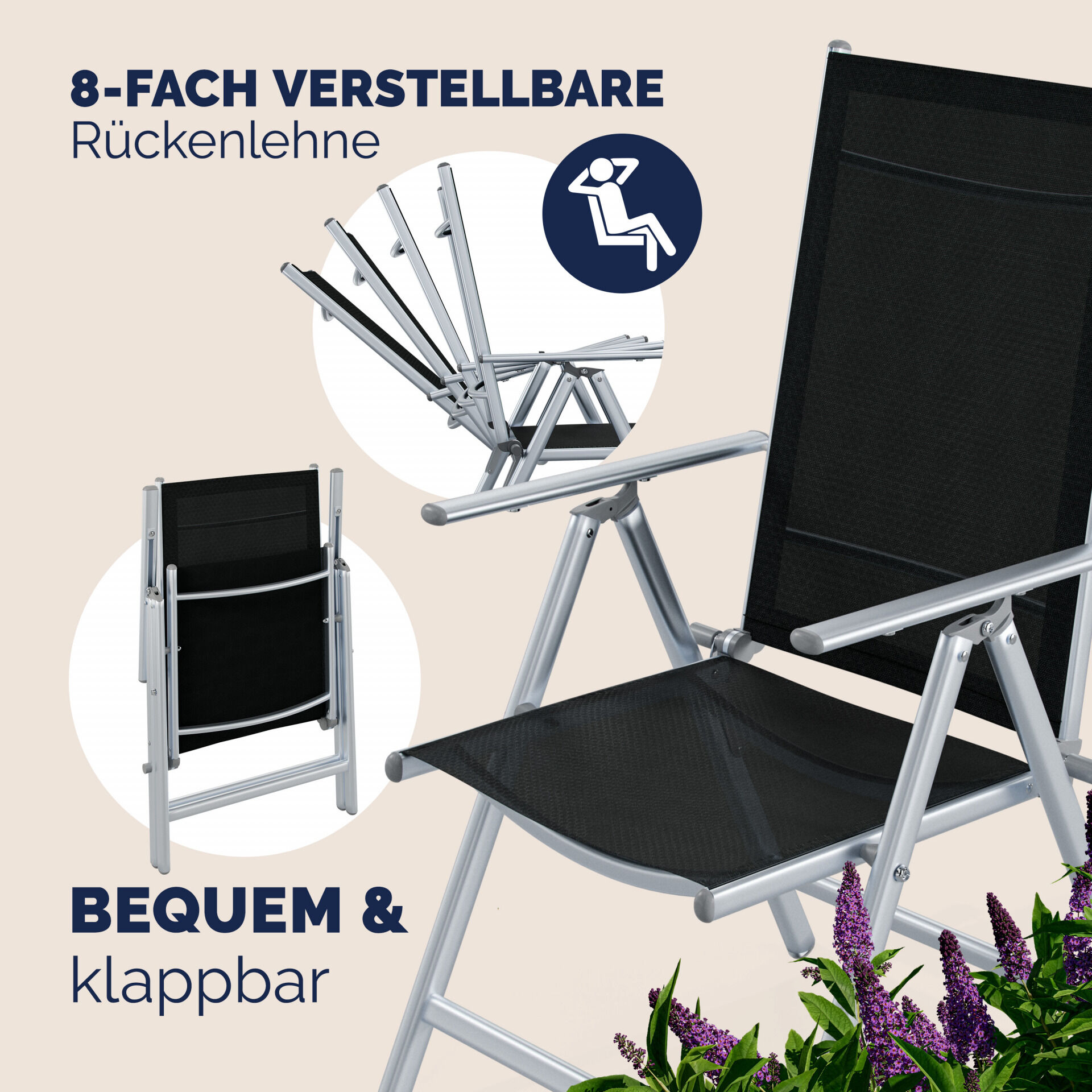 Gartenstuhl Hochlehner klappbar Bern 2er-Set Silber Alu verstellbar