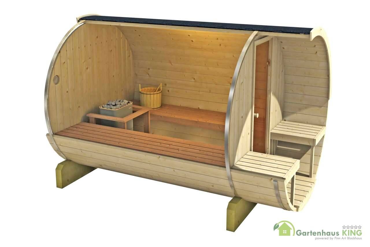 Finn Art Fass-Sauna Lasse Innenansicht mit Elektroofen, Wasserkübel, Aufgusskelle, seitliche Bänke