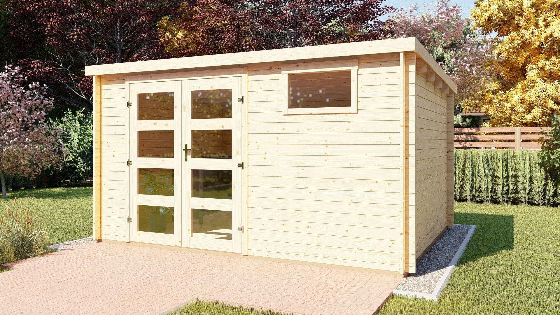 Flachdach-Holz-Gartenhaus 390×298 cm aus 28 mm Blockbohlen mit Doppeltür und Fenster