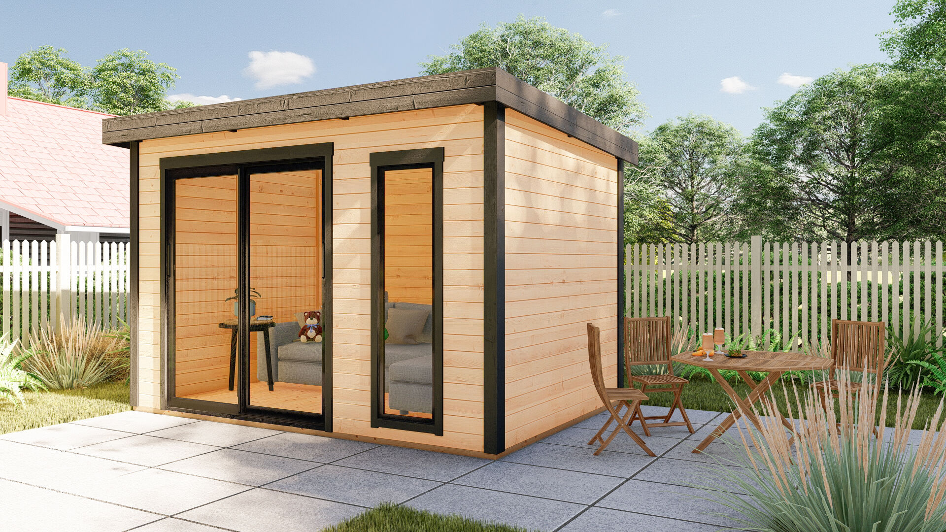 28 mm Flachdach Gartenhaus Sydney 51 mit Schiebetür