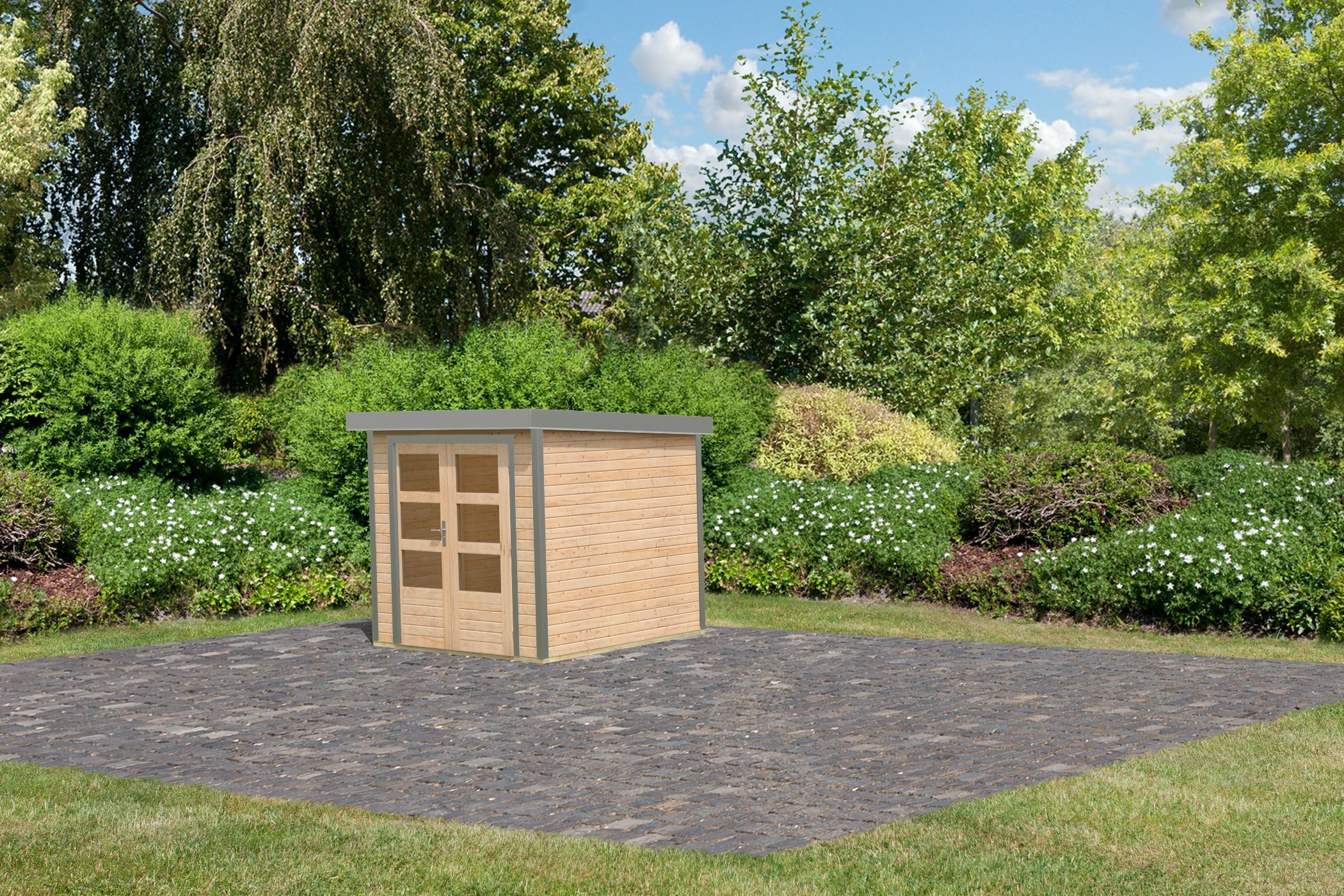 Karibu Pultdach Holz & Metall Gartenhaus Jupiter 2, naturbelassen / graualuminium
