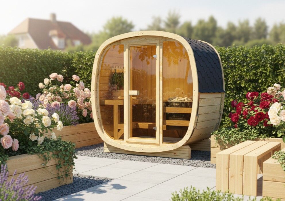 Fasssauna Quadro 130 mit Vollglas Front Outdoor Sauna Garten