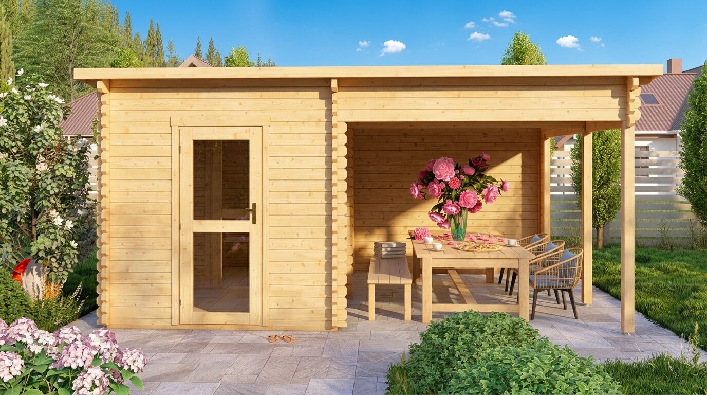 Saunahaus Trontheim 1 Plus – 510 x 360cm mit Terrassenanbau und Vorraum