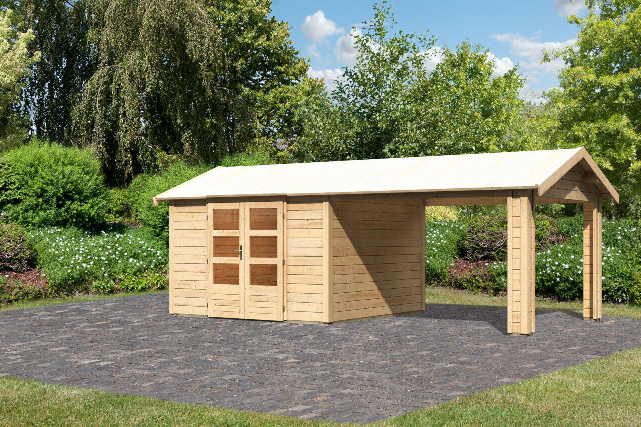 Karibu Gartenhaus Theres 7 SET naturbelassen mit Dachausbauelement natur