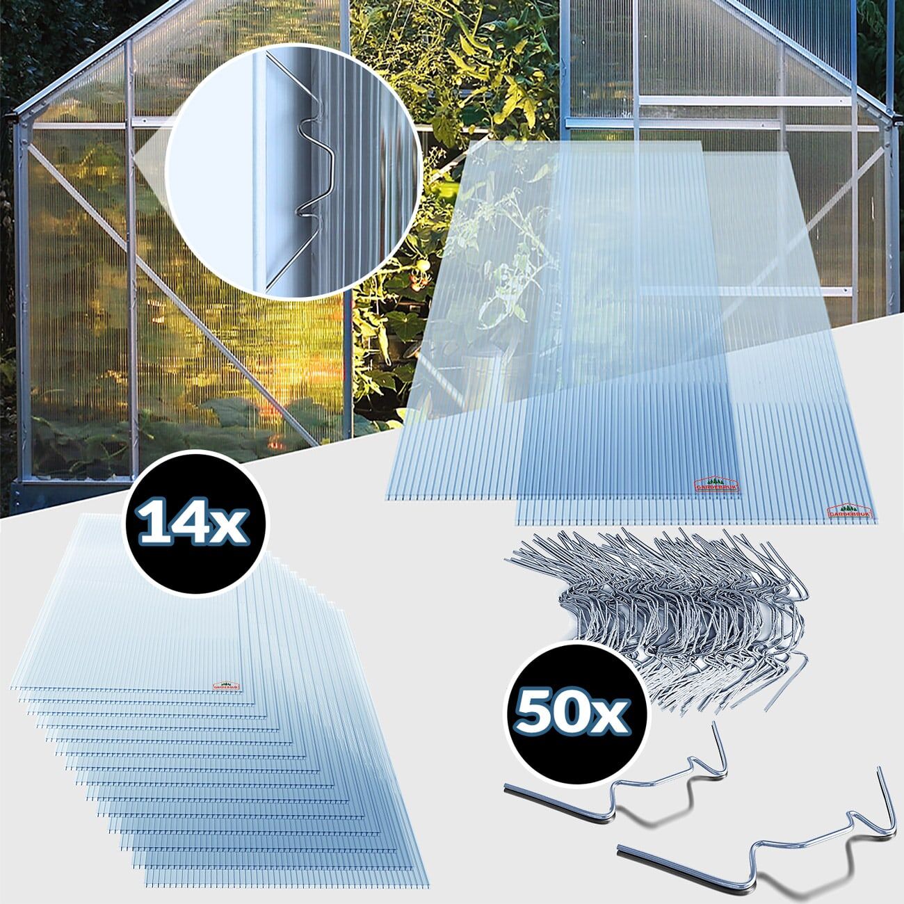 Doppelstegplatten 14er-Set 4 mm UV-beständig mit 50 rostfreien Clips