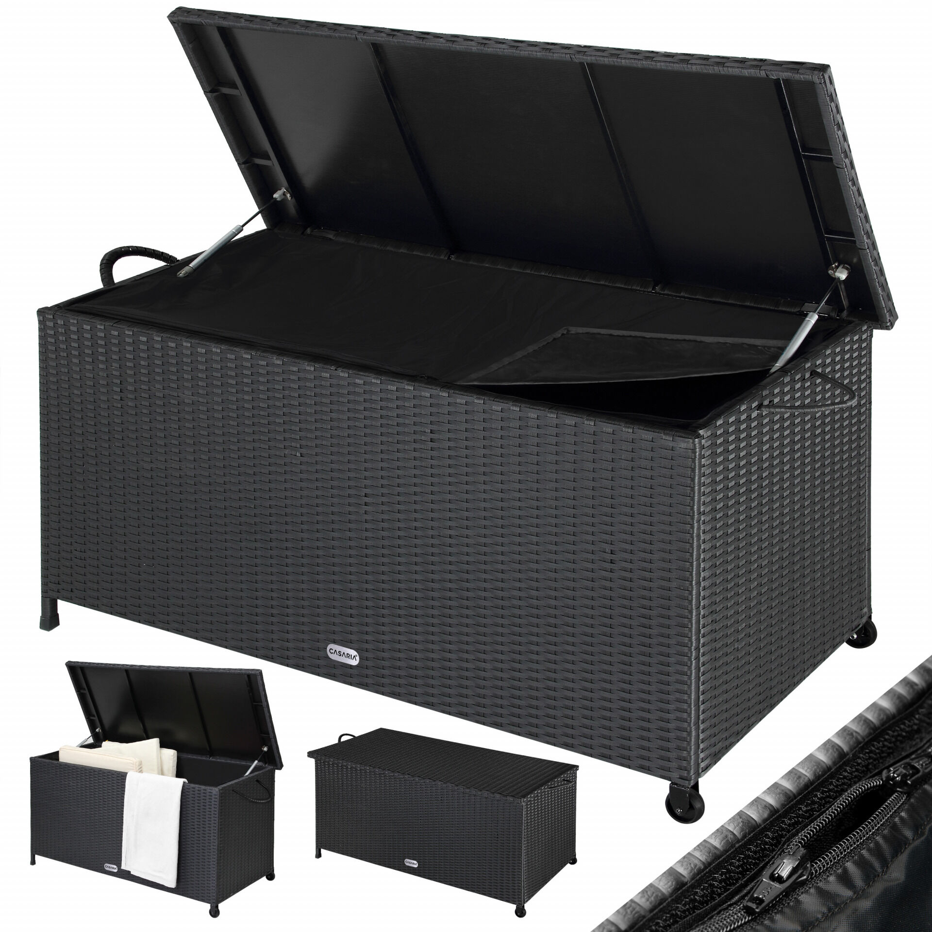 Gartenbox Polyrattan Schwarz 117x53x60cm mit Griffen + Rollen