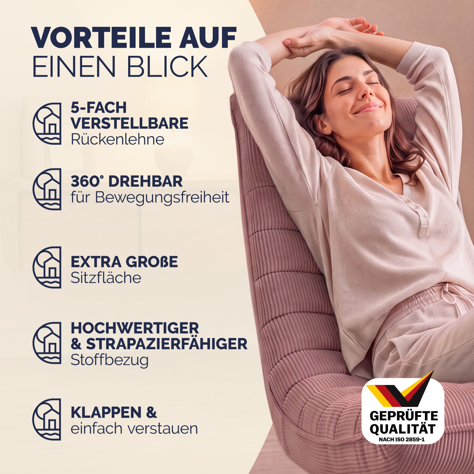Sessel Aberdeen Dunkelpink Cord 5fach verstellbar 360 Grad drehbar klappbar