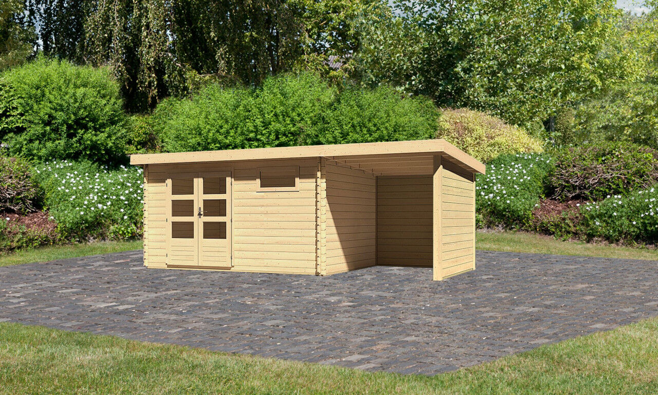 Pultdach Gartenhaus Bastrup 8 im Set mit Anbaudach 2 m breit, 28 mm Seiten - und Rückwand natur
