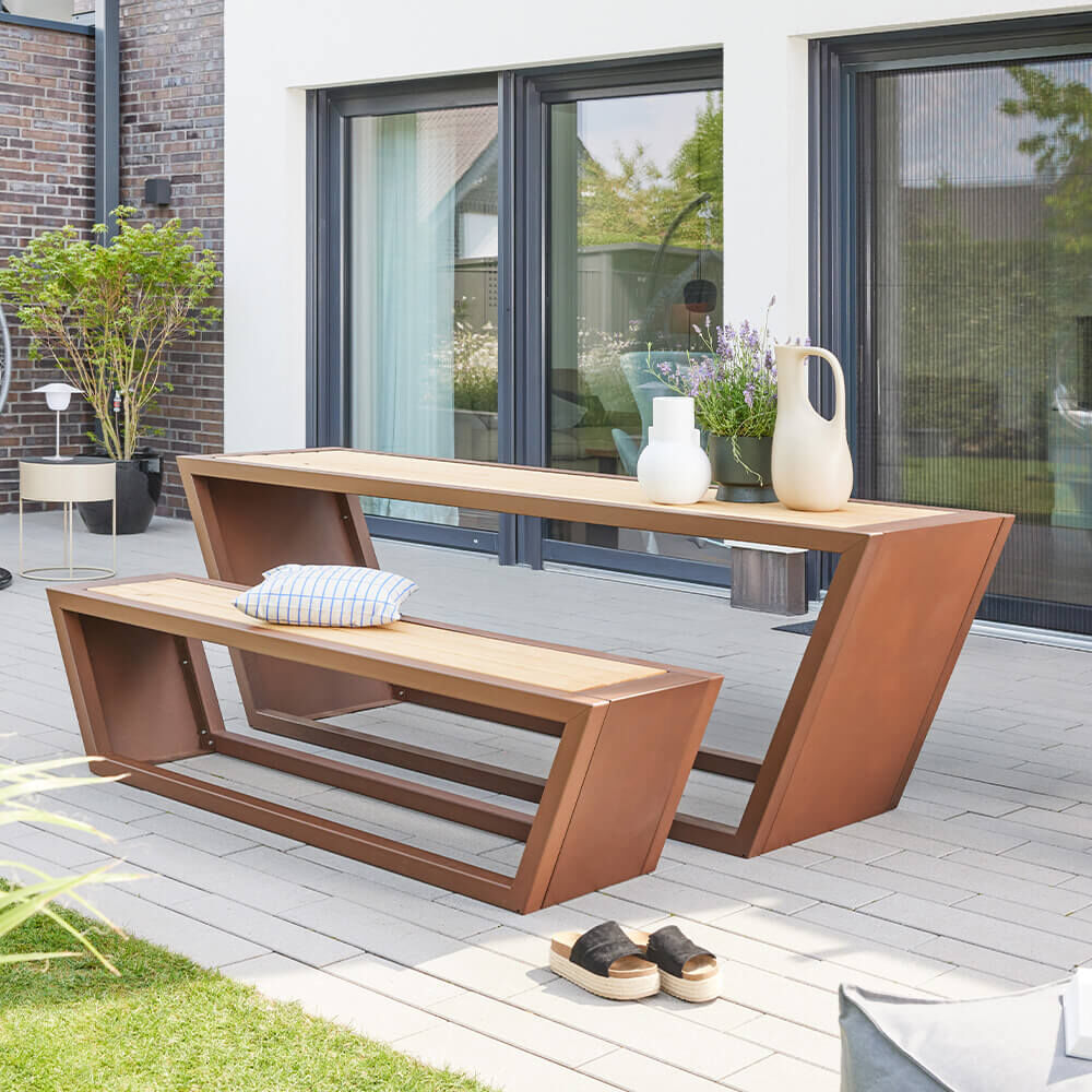 Sitzgarnitur aus Stahl KOBON Braun - Made in Germany - 1 x Bank + 1 x Tisch