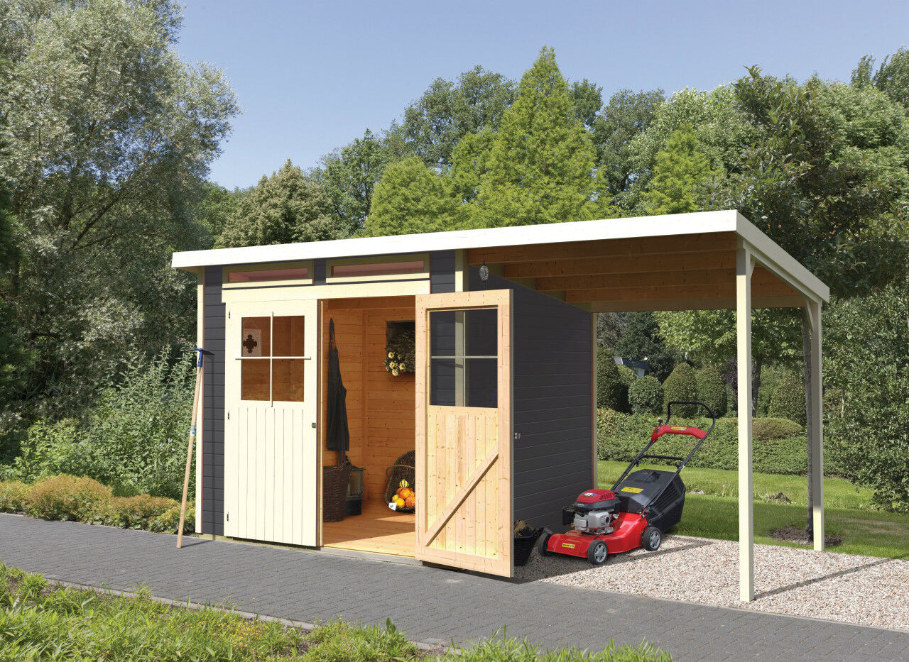 Karibu Pultdach Gartenhaus Glücksburg 4 im Set mit Anbaudach terragrau