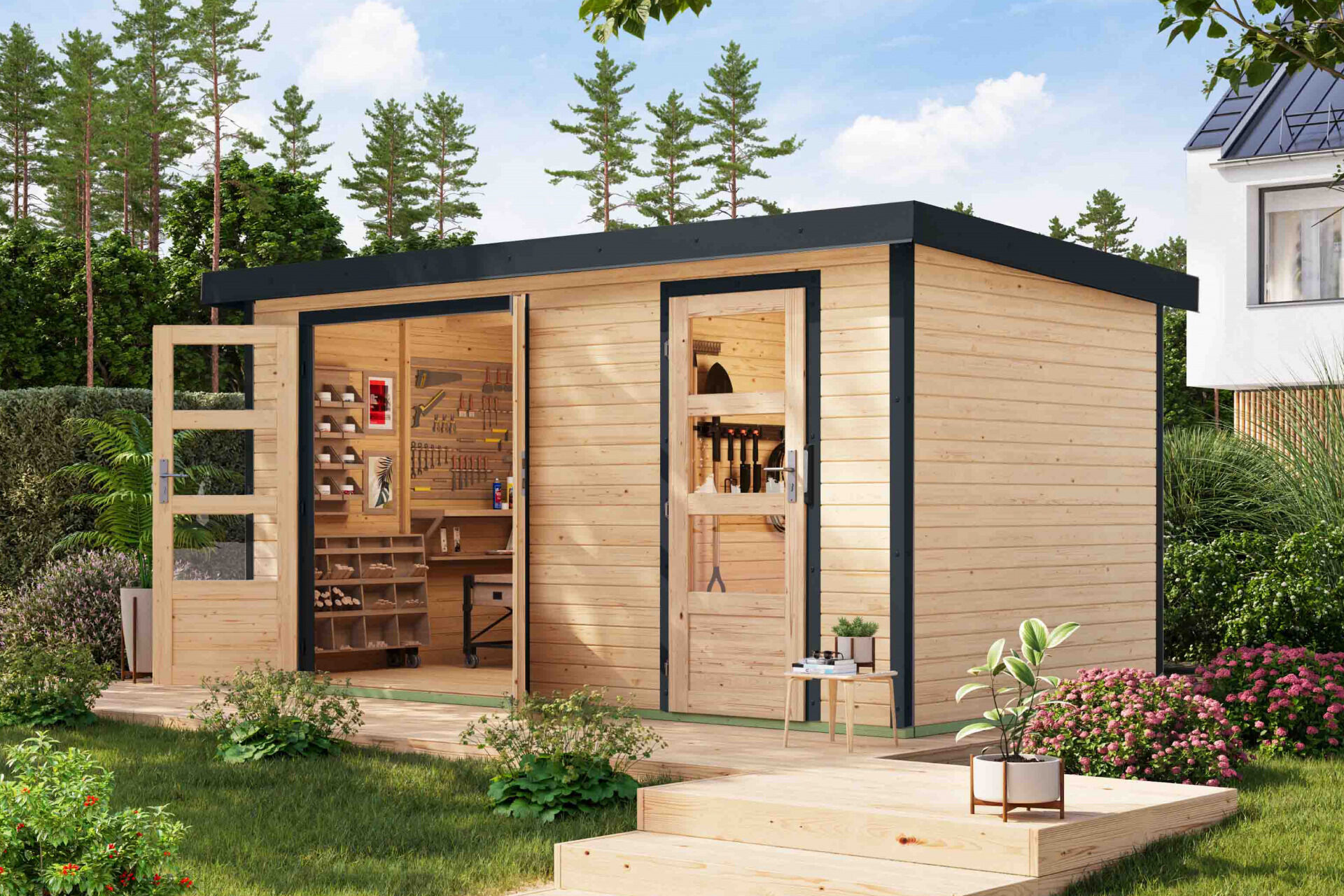 Karibu Pultdach Holz & Metall Gartenhaus Merkur, naturbelassen / graualuminium