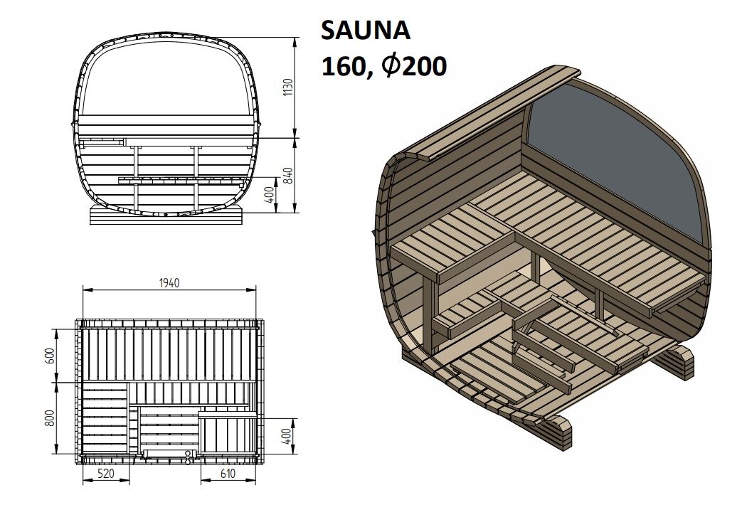 Zeichnung Finn Art Fasssauna Quadro 160 Standard mit Halbglas Rückwand