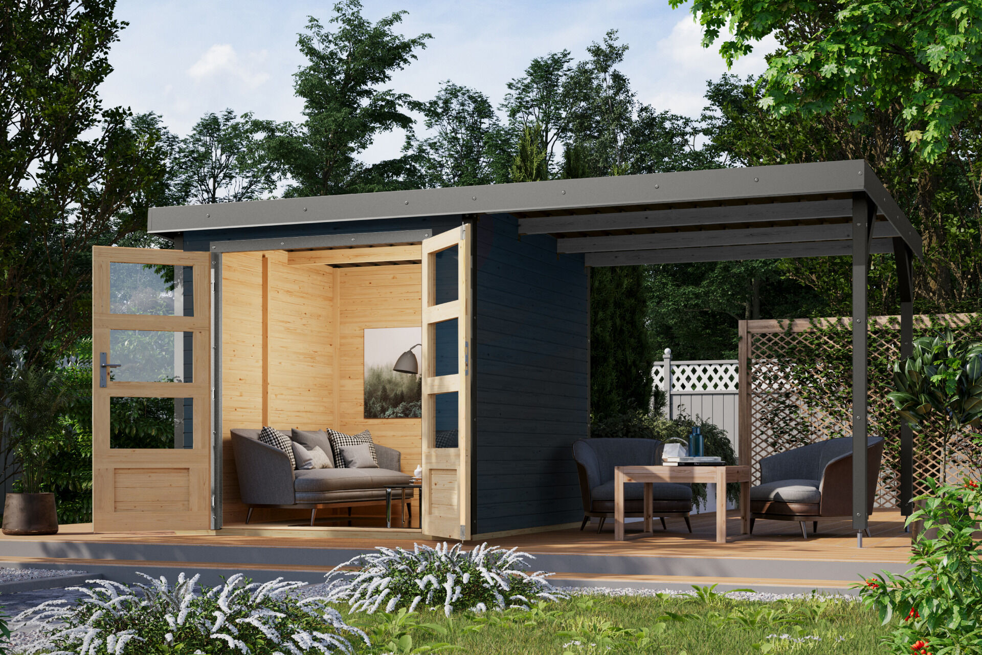 Karibu Pultdach Holz & Metall Gartenhaus Jupiter 2 Set mit Anbaudach 2,35 m, naturbelassen / graualuminium