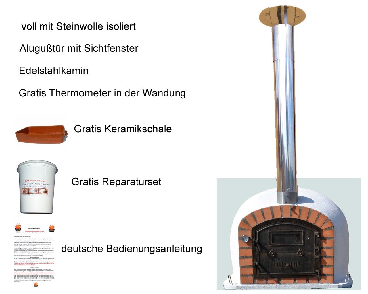 Traditioneller Backofen Perfetto AL 100 inkl. Kaminrohr und Regenhut aus Edelstahl, weiß, ohne Abdeckhaube, ohne Ofenzubehör, ohne Zubehörset, ohne Grillzubehör, ohne fahrbares Gestell
