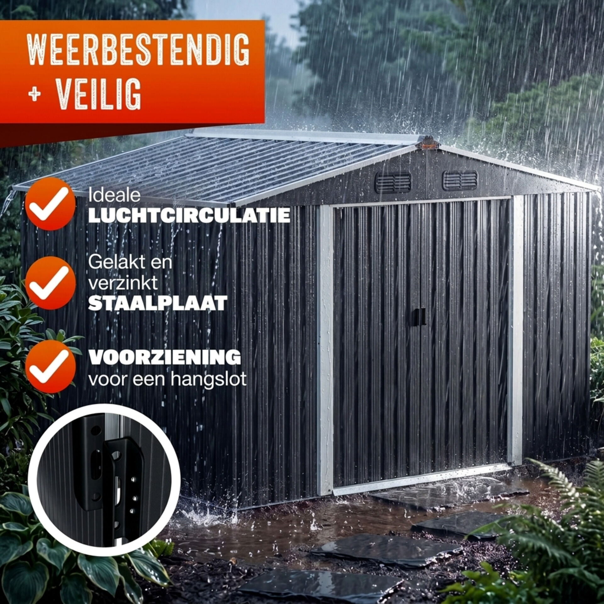 Geräteschuppen Anthrazit-Metallic 260x205x180cm verzinkt wetterfest mit Fundament und Haken