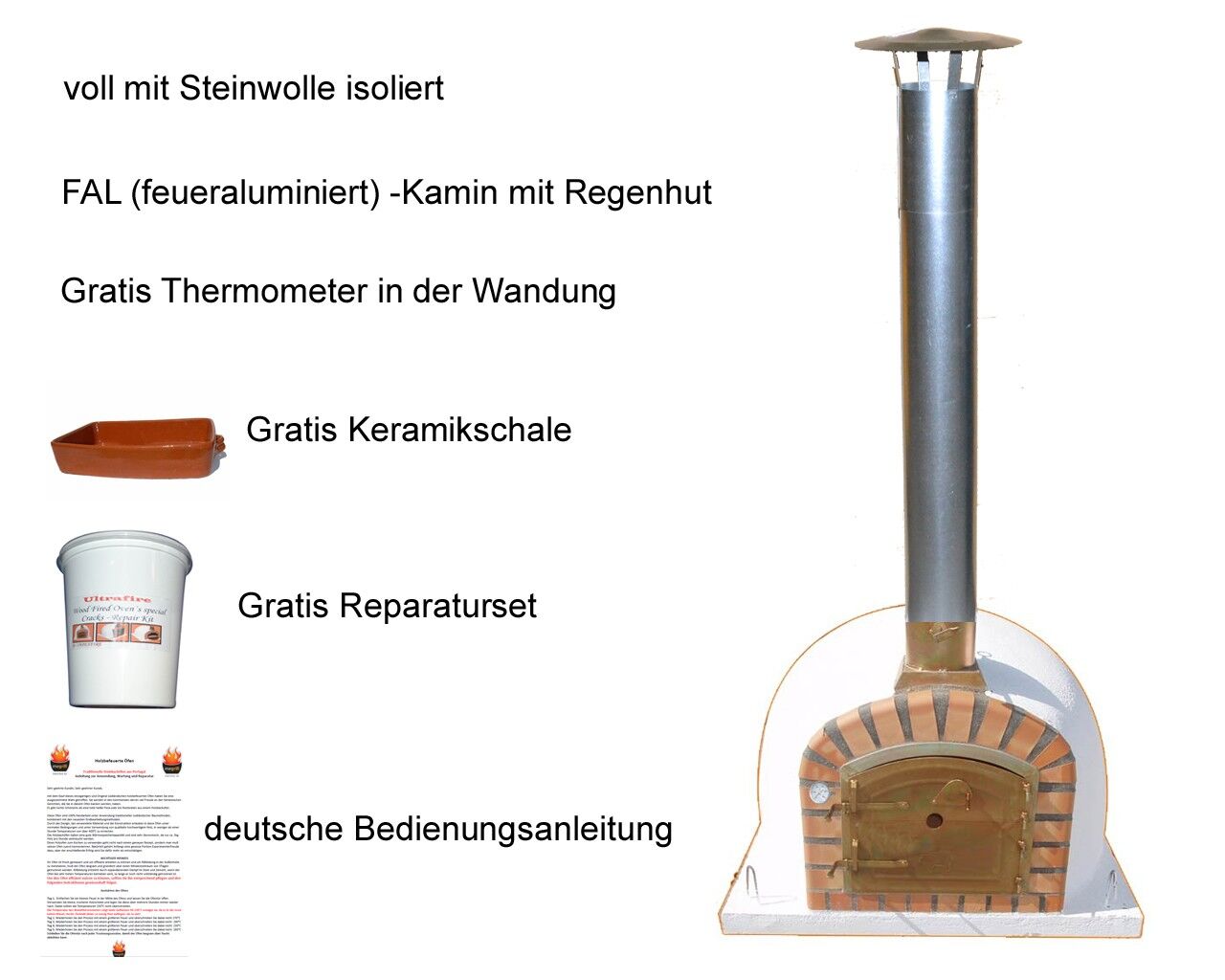 Pizzaofen Lisboa 100 inkl. Kaminrohr und Regenhut aus Feueraluminium, weiß, ohne Abdeckhaube, ohne Ofenzubehör, ohne Zubehörset, ohne Grillzubehör, ohne fahrbares Gestell