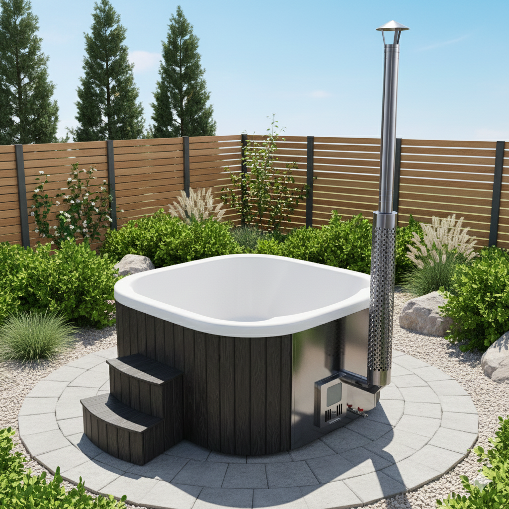 SPANOVA Hottub Quadratisch 200 WPC – Premium Badefass mit integriertem Holz Ofen & Acryl-Einsatz Szene im Garten