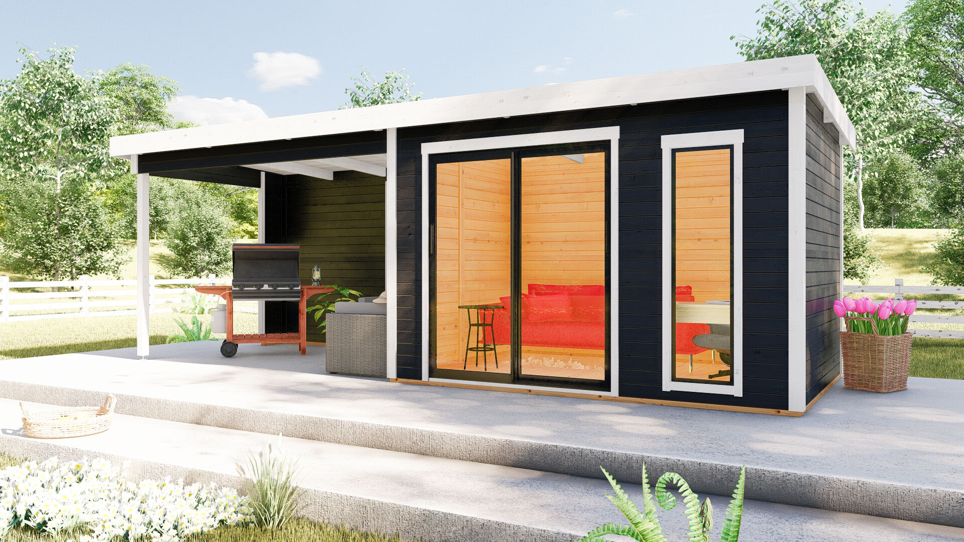 Flachdach Holz Gartenhaus Sydney 52 mit Schiebetür und Seitendach