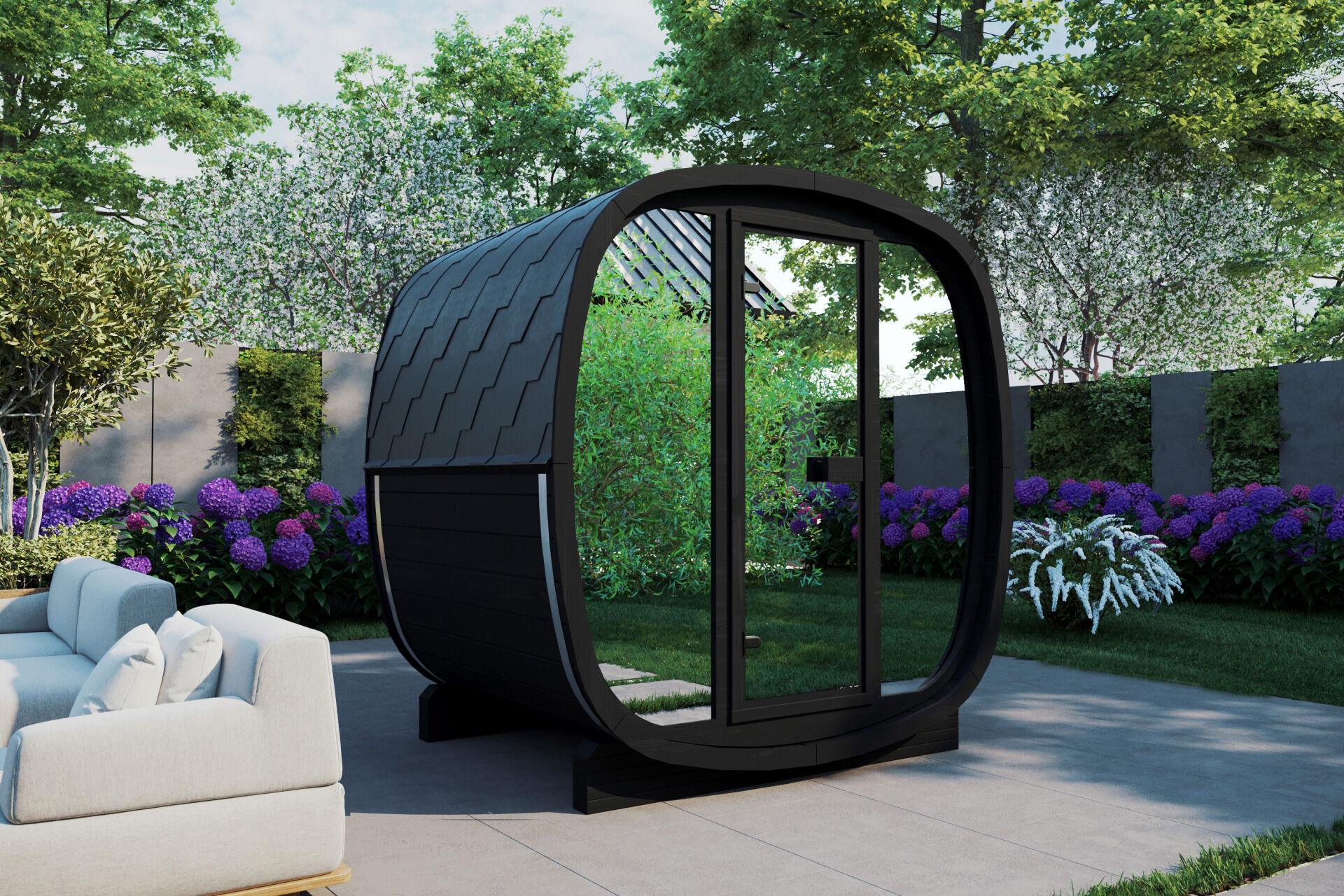 Finn Art Fasssauna Saunacube 160 BLACK SPEZIAL VERSPIEGELT auf Gartenterrasse