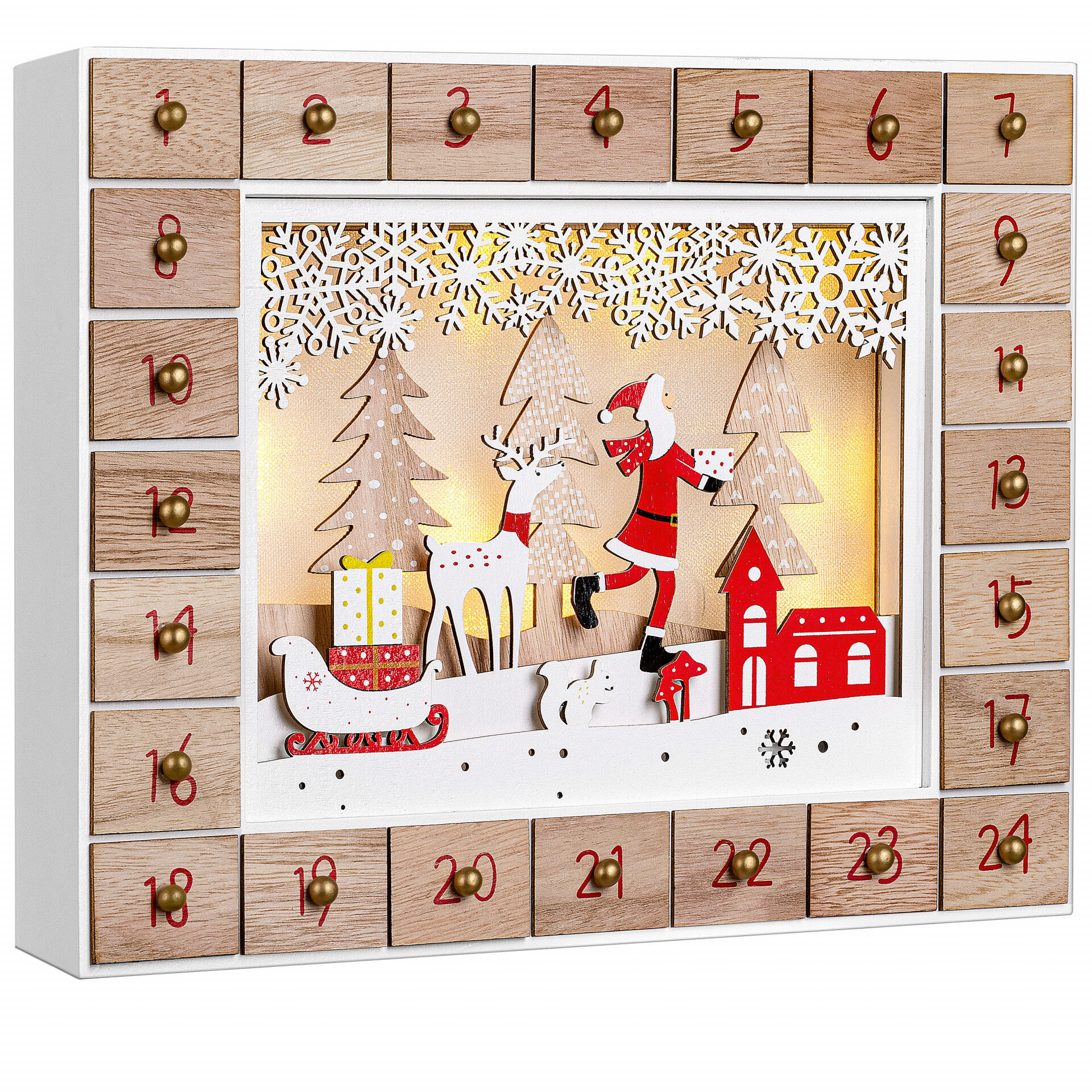662363 Adventskalender Weihnachtsmann Holz beleuchtet LED