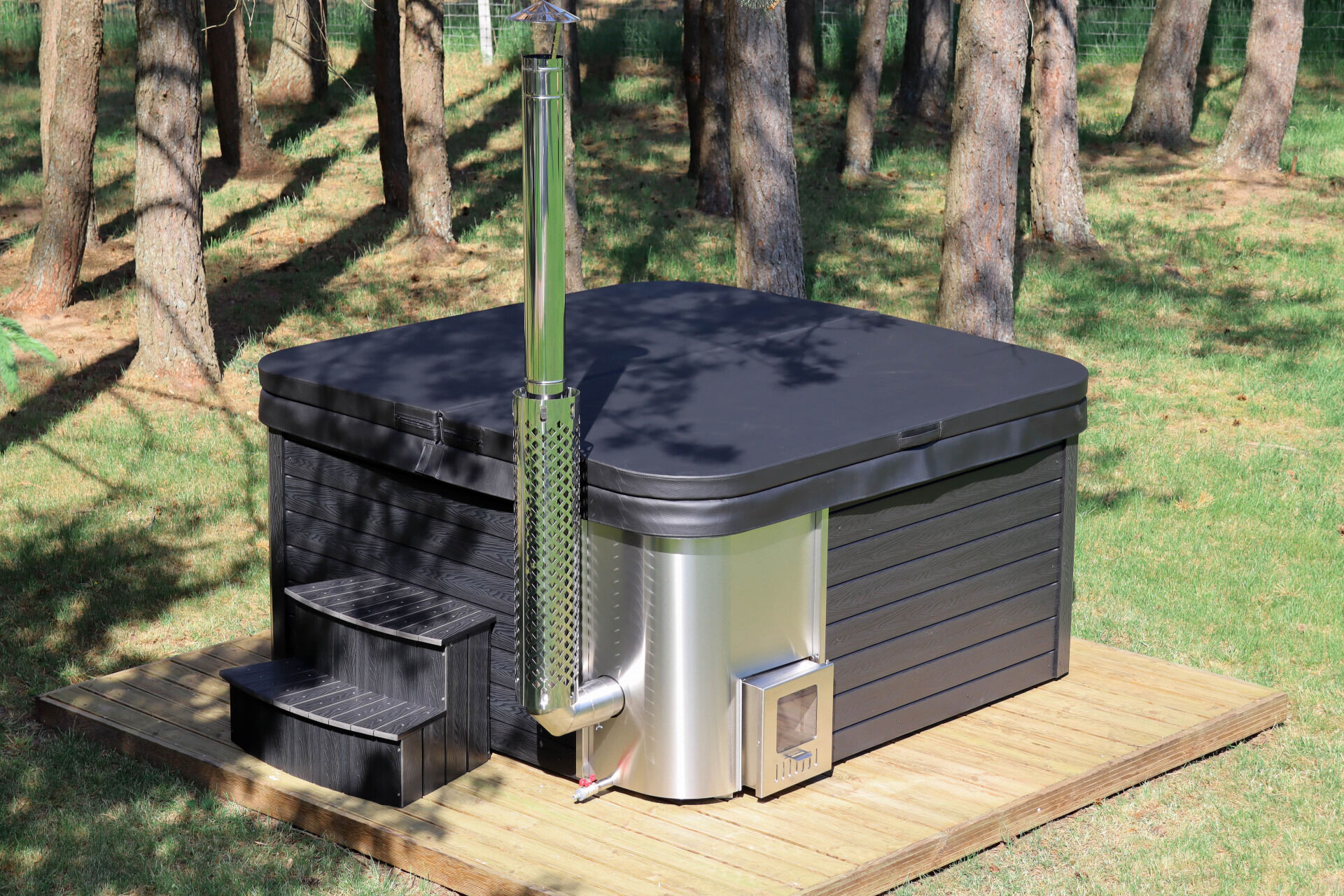 SPANOVA Hot Tub Premium 220 – WPC Whirlpool mit integriertem Holzofen & Acrylwanne, Weiß marmoriert, Holzofen - 35kw V2A