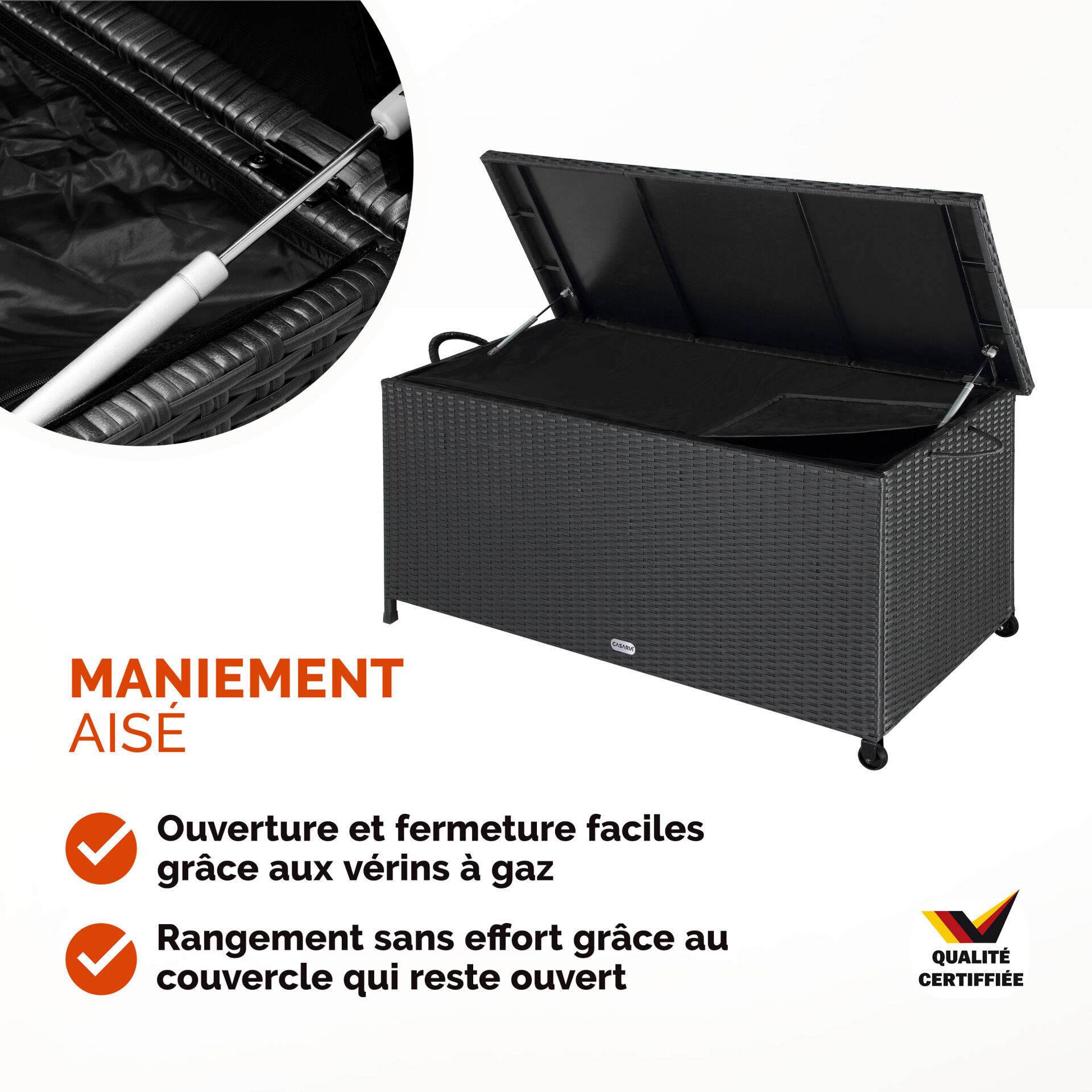 Gartenbox Polyrattan Schwarz 117x53x60cm mit Griffen + Rollen