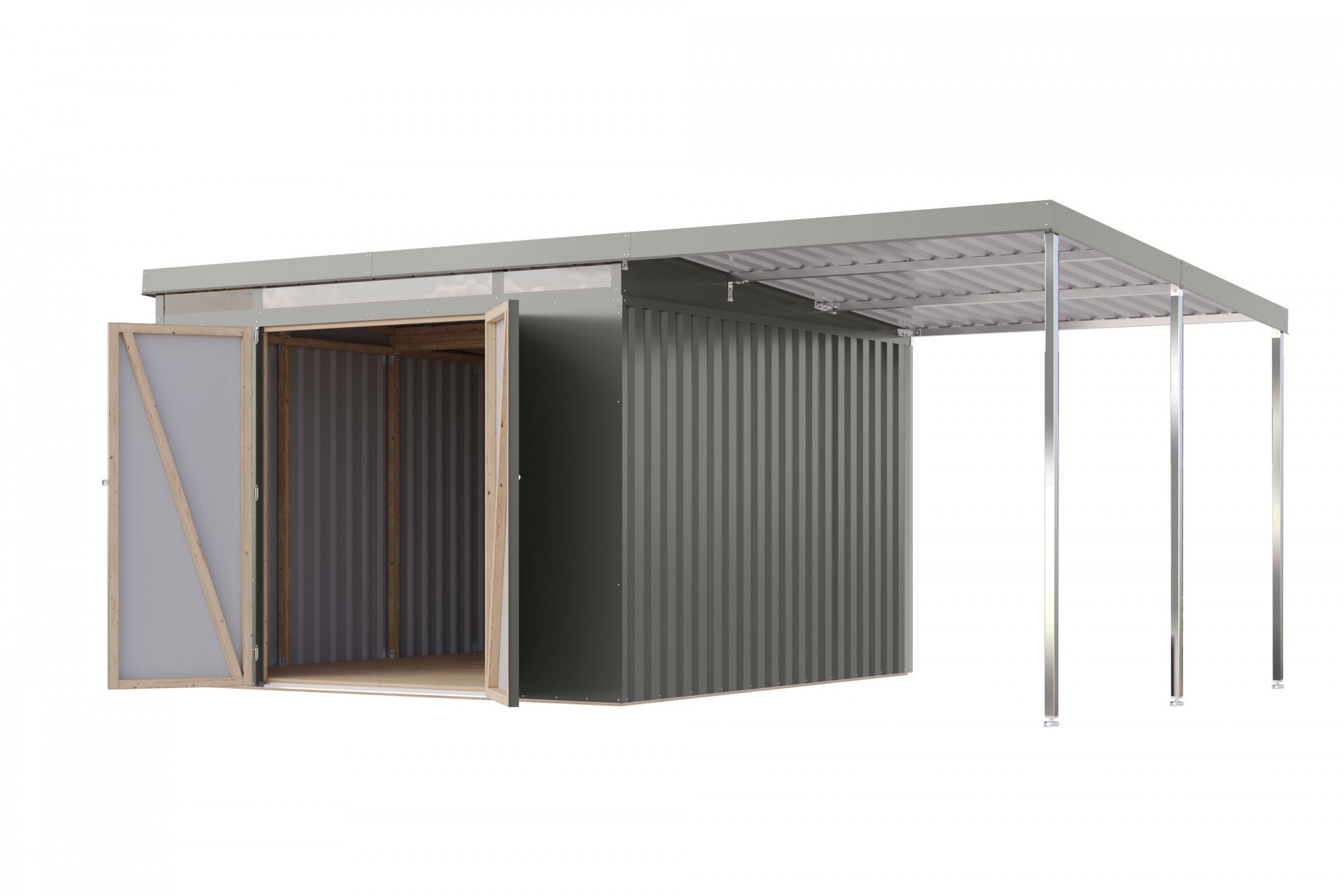 Karibu Pultdach Metall Gartenhaus Iridium 3,5 Set mit Anbaudach 2m, graualuminium