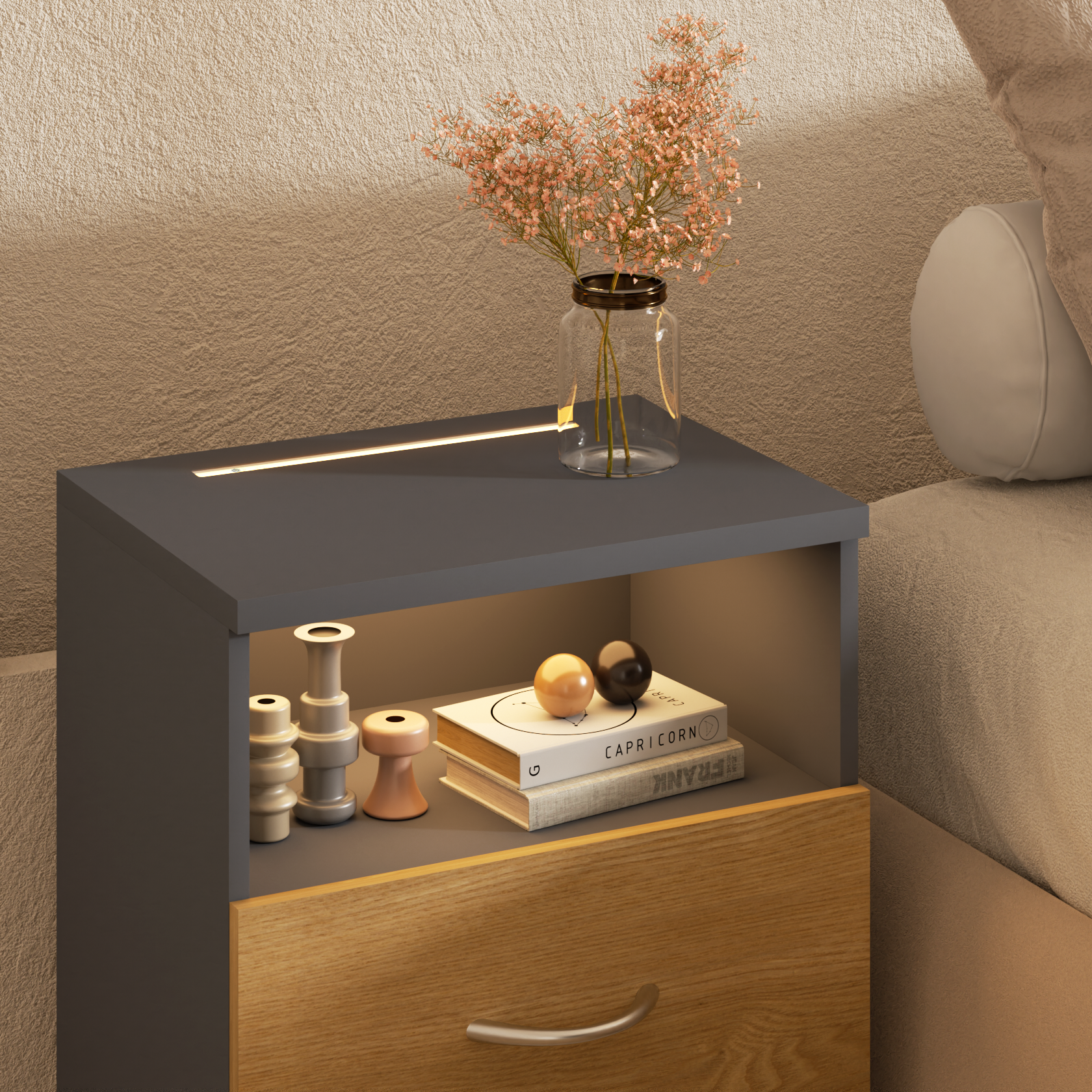 Nachttisch Jamie 2er-Set Holz/Grau 55x40x28cm