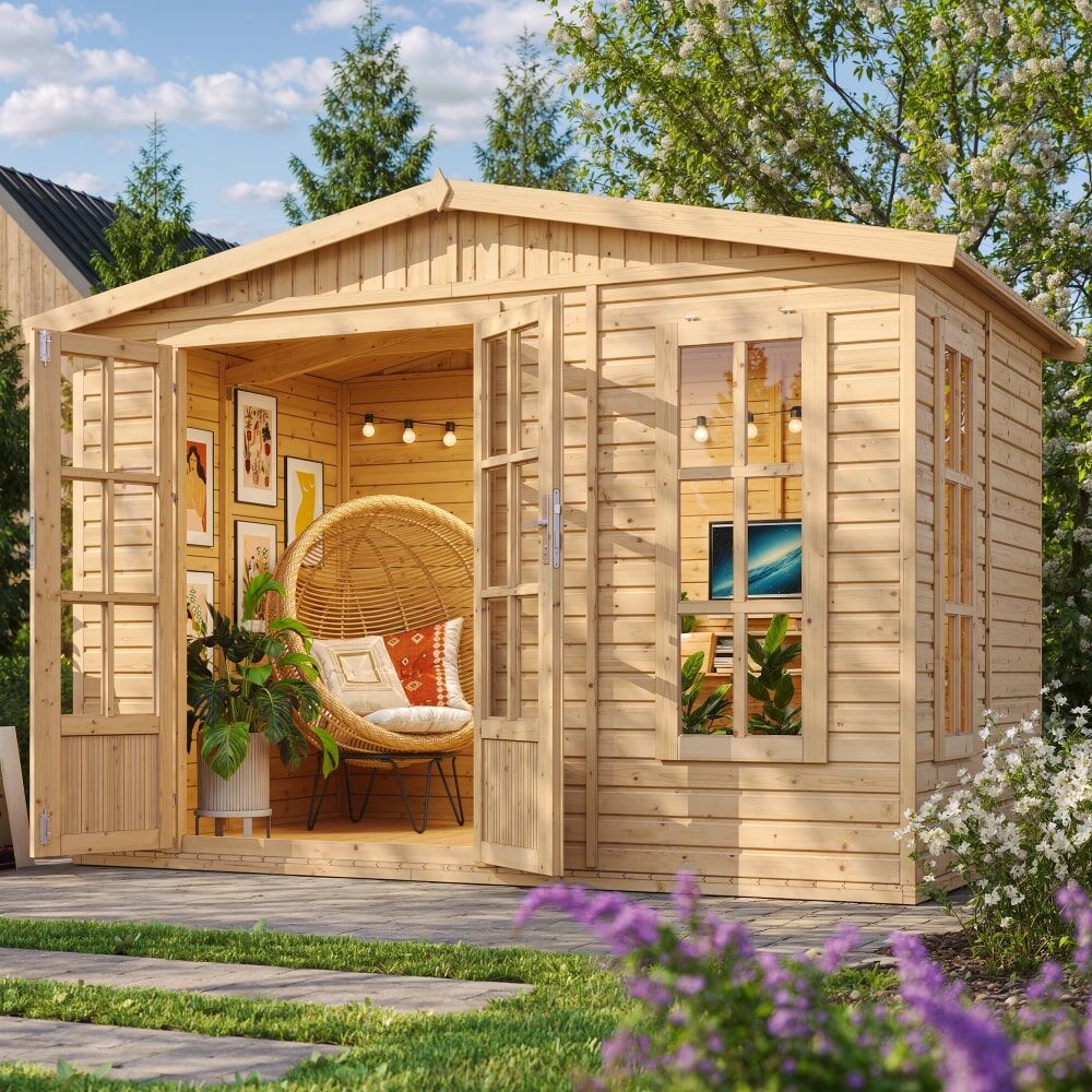 Gartenhaus Karl M334FB frontale Ansicht mit Ambieten unde geöffneter Tür
