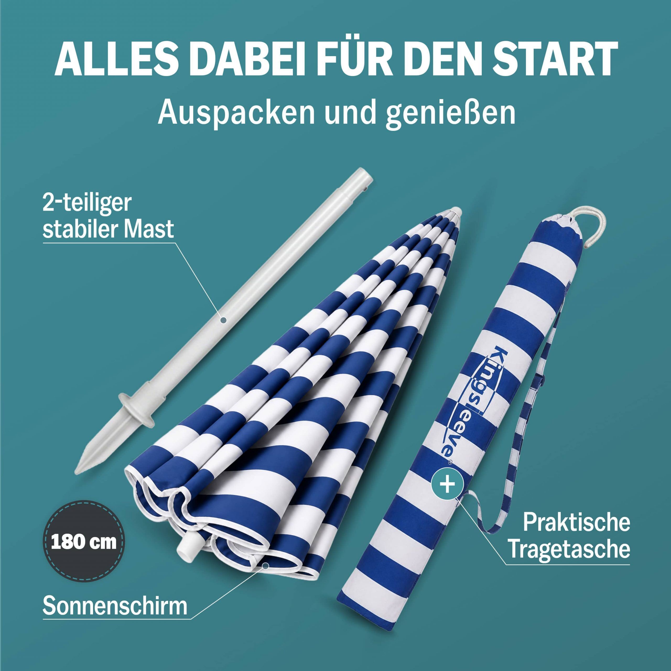 Sonnenschirm Cyprus Blau/Weiß 180cm UV-Schutz 50+ Neigefunktion