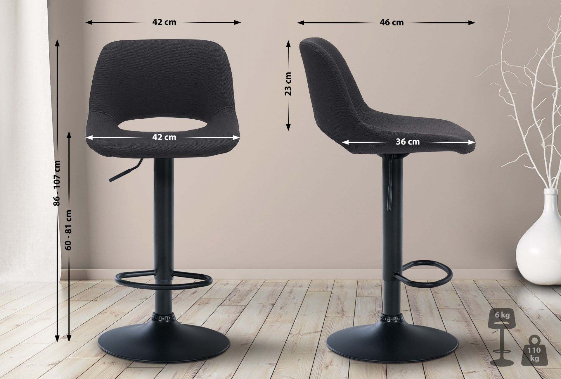 2er Set Barhocker Camden Stoff schwarz, schwarz