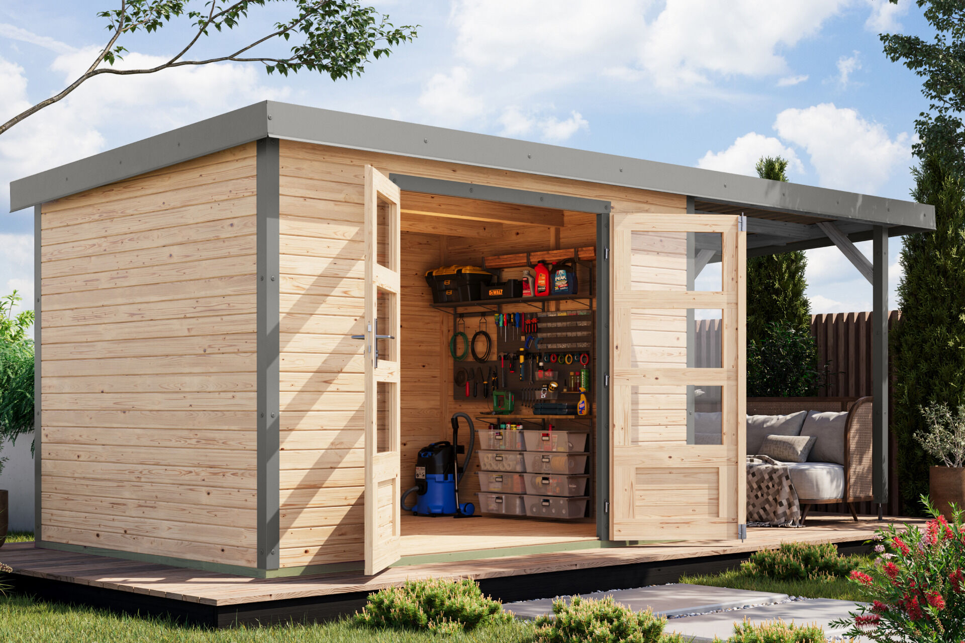 Karibu Pultdach Holz & Metall Gartenhaus Jupiter 4 Set mit Anbaudach 2,35 m