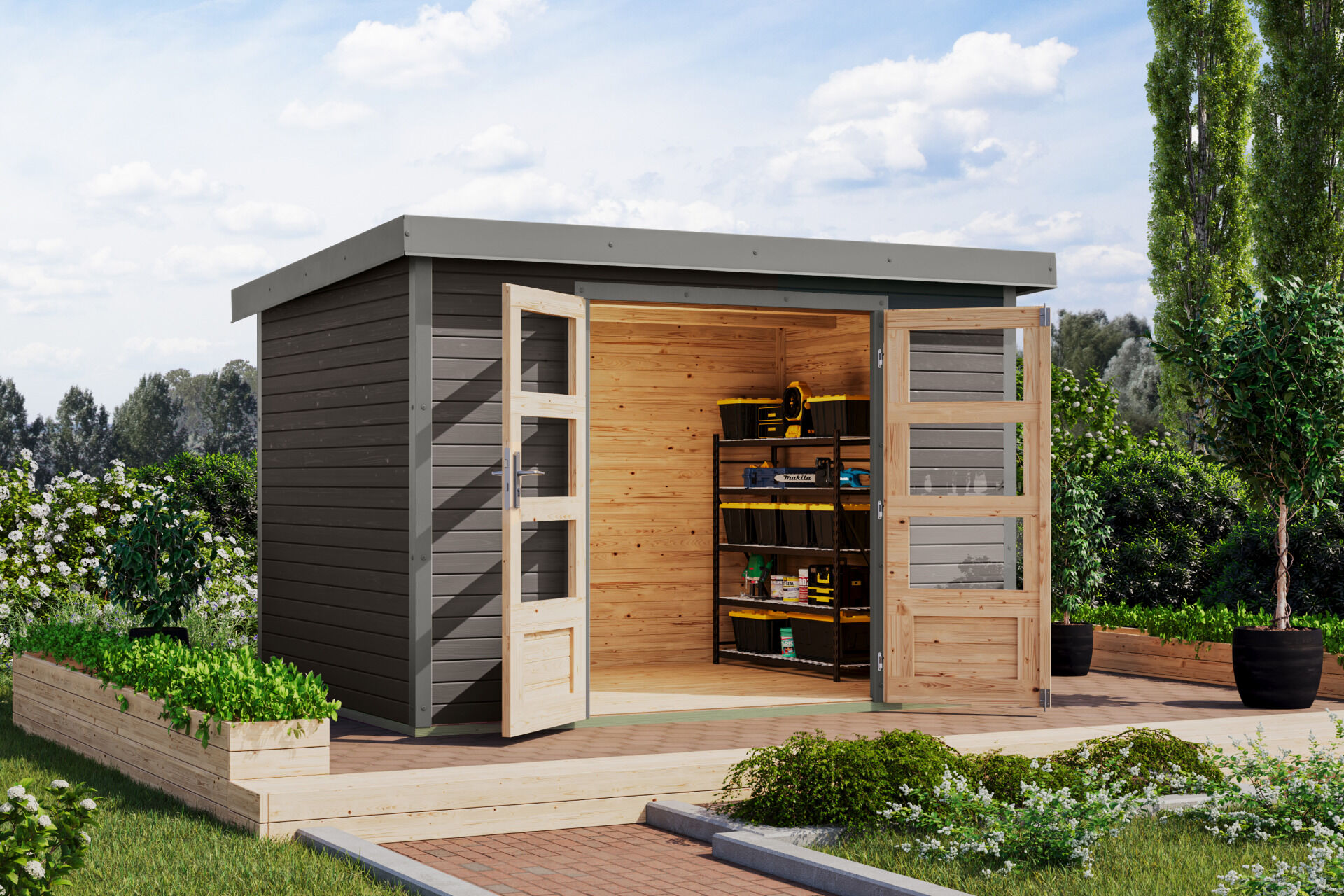 Karibu Pultdach Holz & Metall Gartenhaus Jupiter 4, naturbelassen / graualuminium