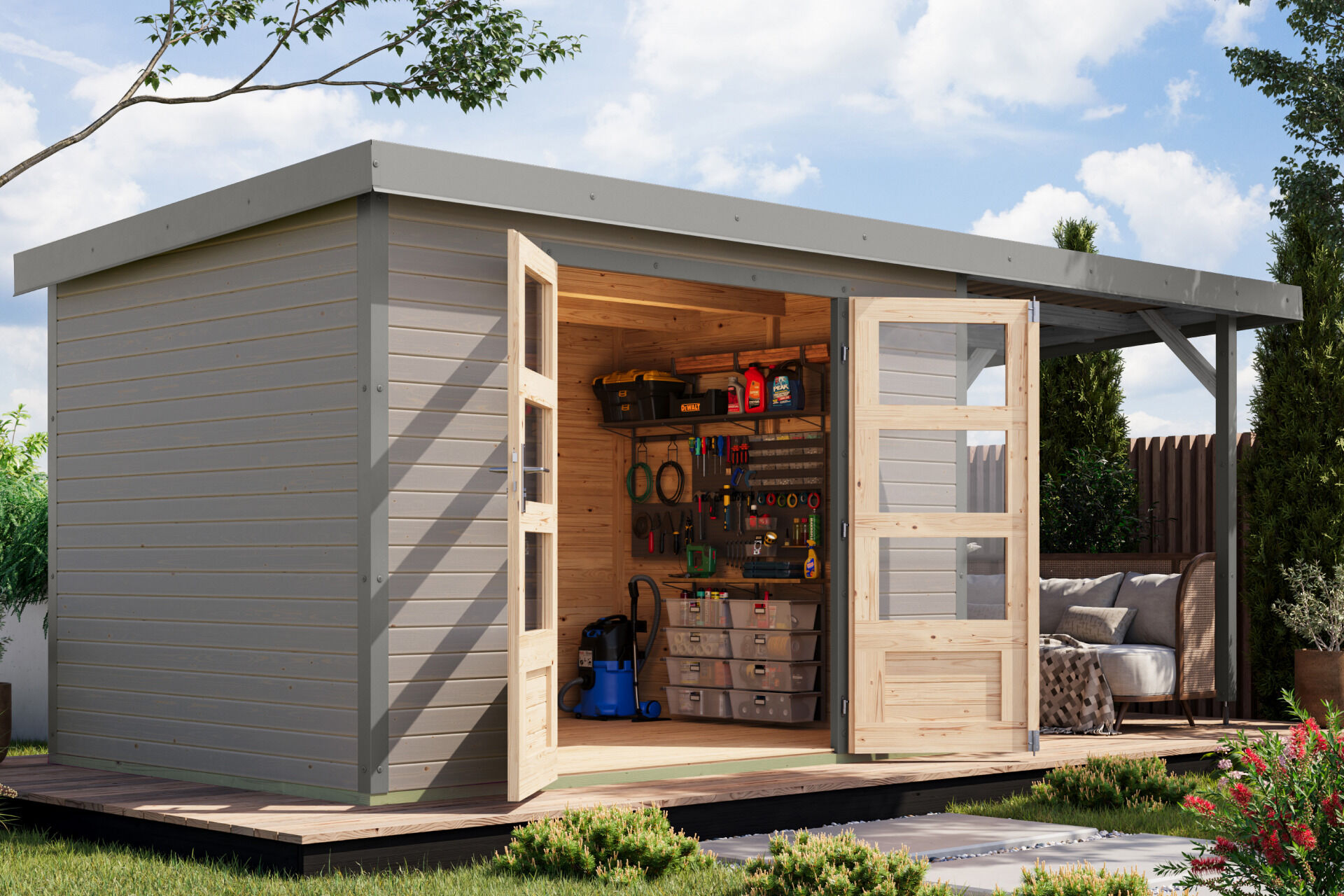 Karibu Pultdach Holz & Metall Gartenhaus Jupiter 4 Set mit Anbaudach 2,35 m, naturbelassen / graualuminium