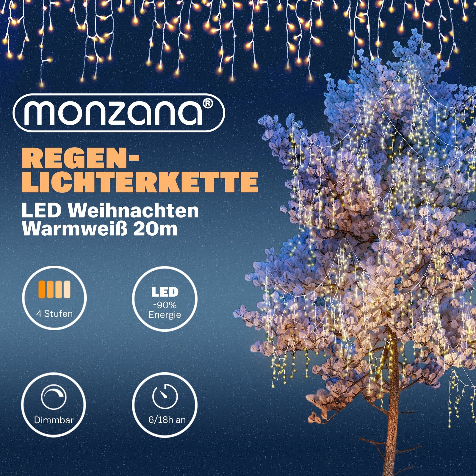 Regenlichterkette LED Warmweiß 20m Fernbedienung