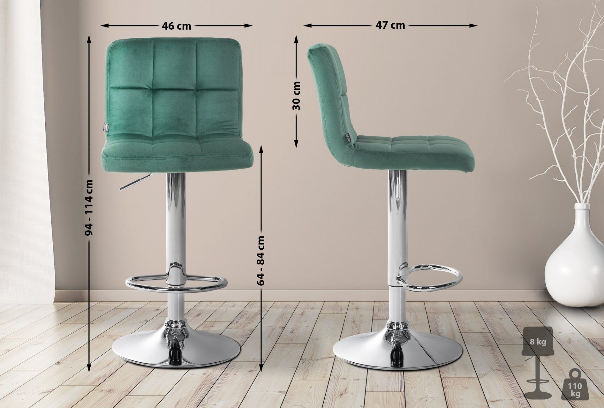 2er Set Barhocker Peru Samt chrom, grün