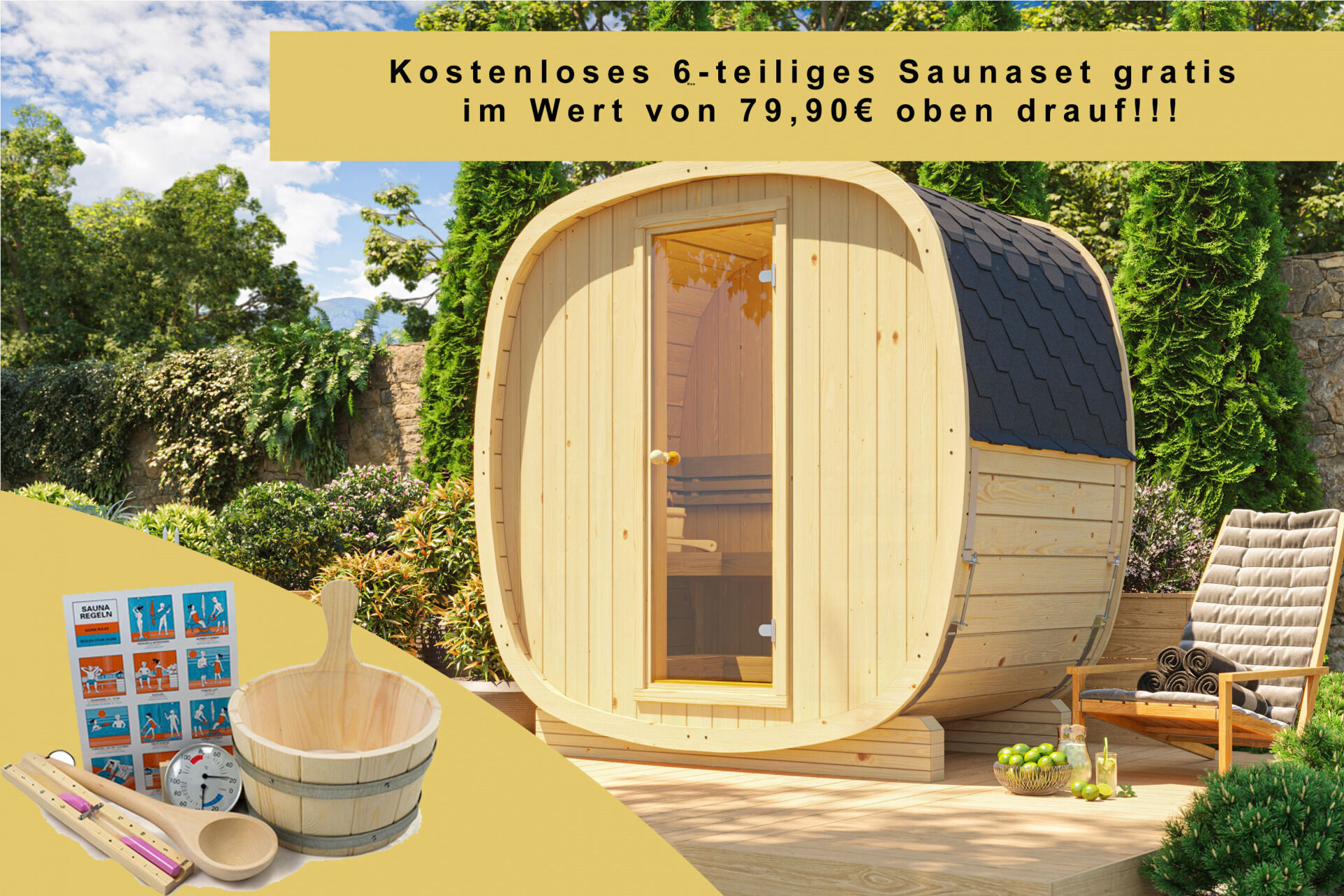 Finn Art Fasssauna Quadro 130 Standard, Rot, Fichte Bausatz