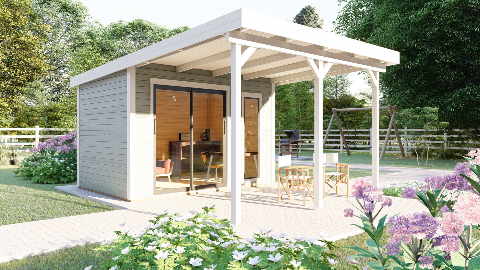 Flachdach Holz Gartenhaus Sydney 53 mit Schiebetür und Terrasse