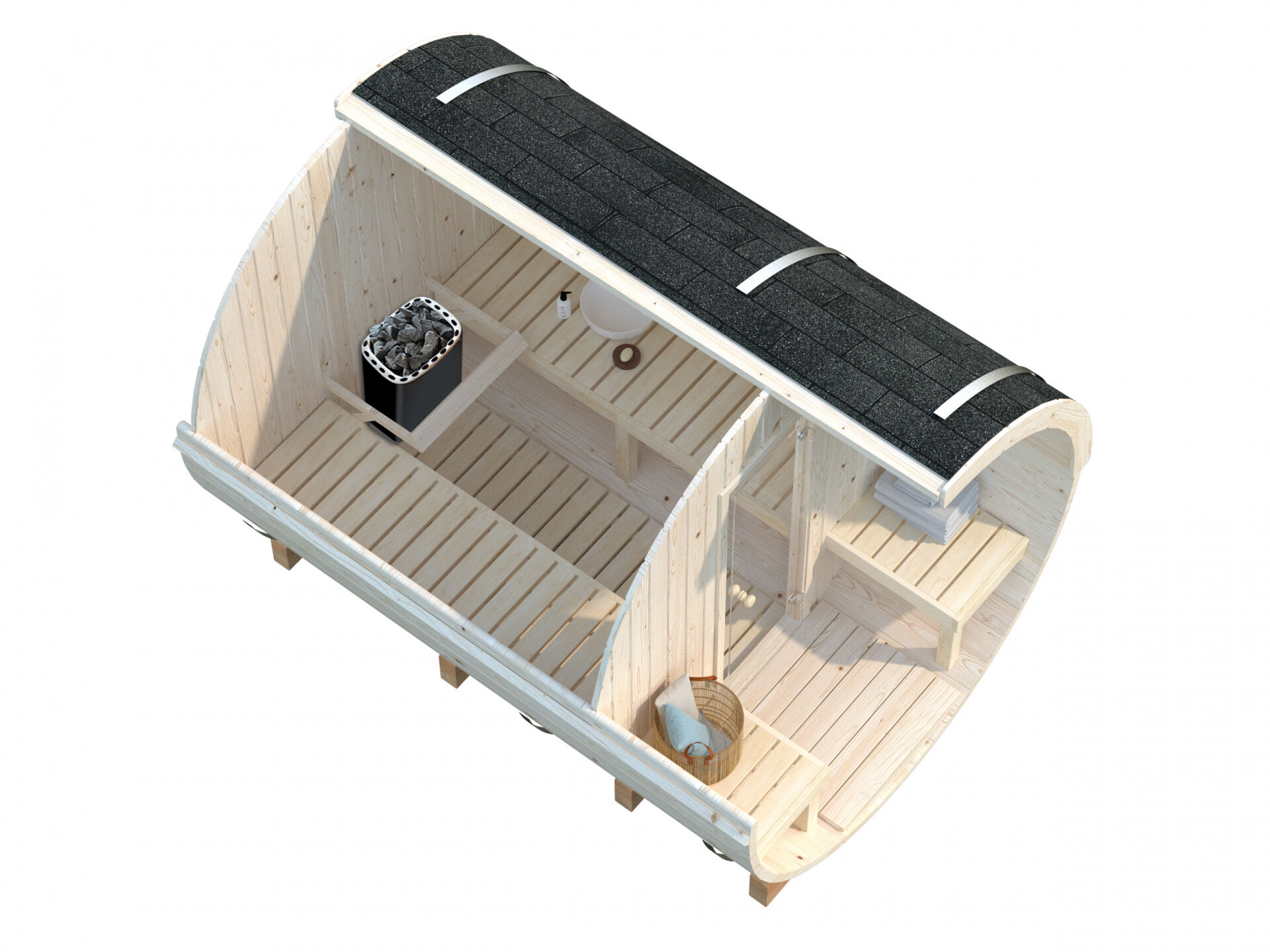 Palmako Saunafass Anita 1,6+0,7 m², Innenansicht, Bänke, Elektroofen