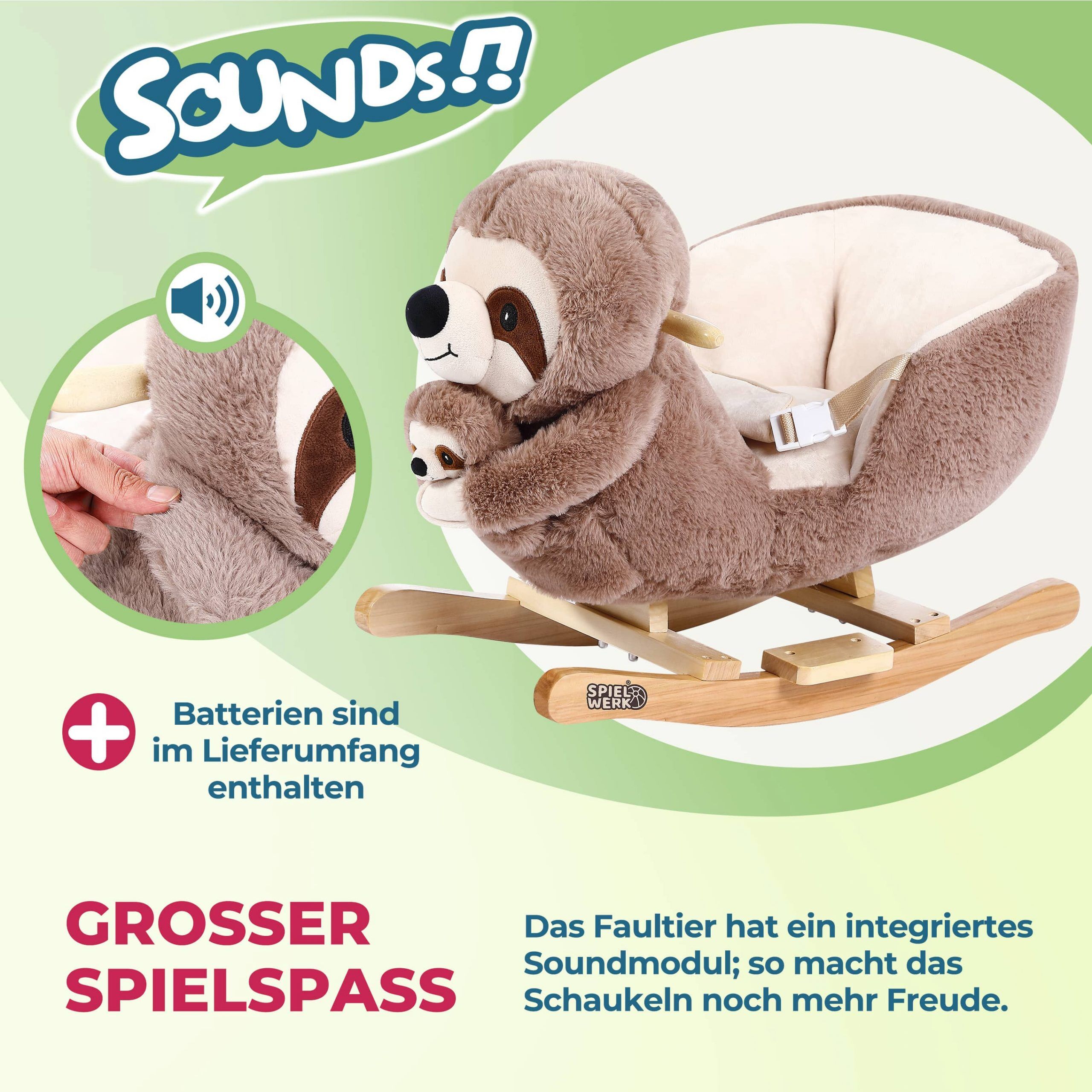 Schaukeltier Faultier Braun mit Sicherheitsgurt