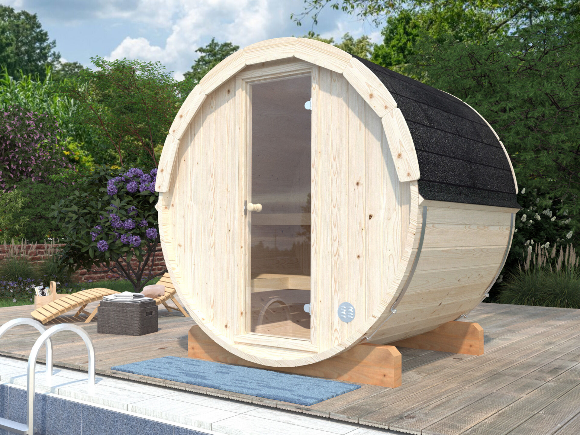 Palmako Saunafass Anita 0,9 m² mit Glastür im Garten vor Pool