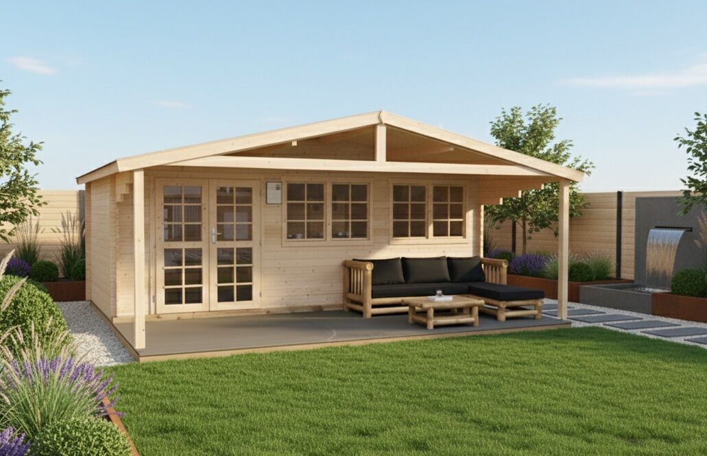 Gartenhaus Norwegen 11 6×4 m Holz-Blockhaus mit XXL-Vordach im Garten