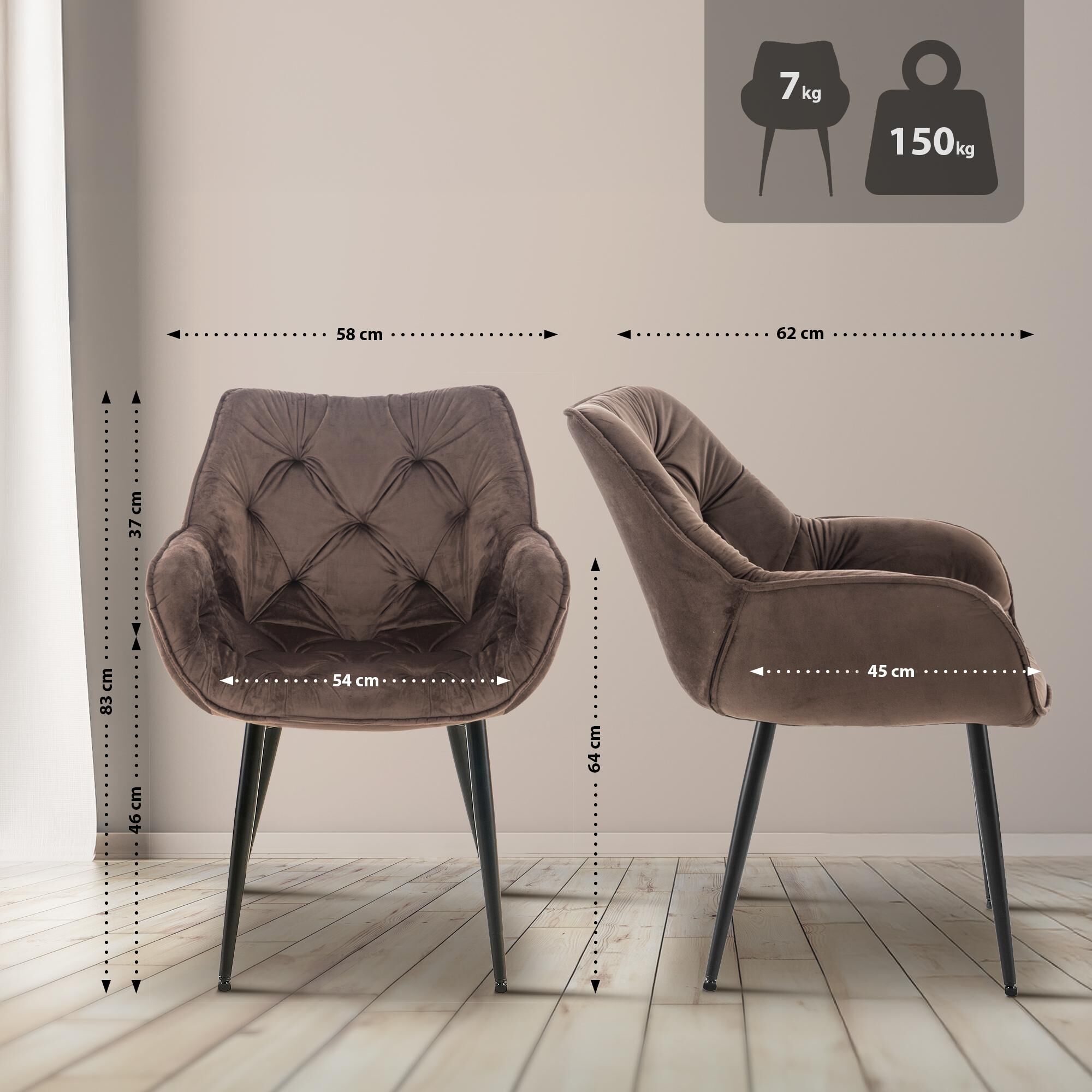 4er Set Stuhl Tanna Samt, braun