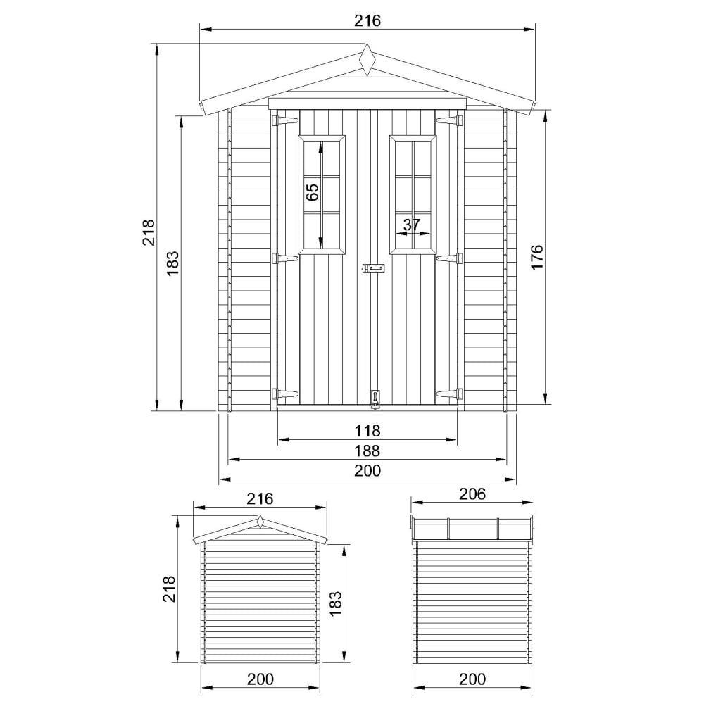 Gartenhaus Paul M343C Zeichnung mit Abmessungen