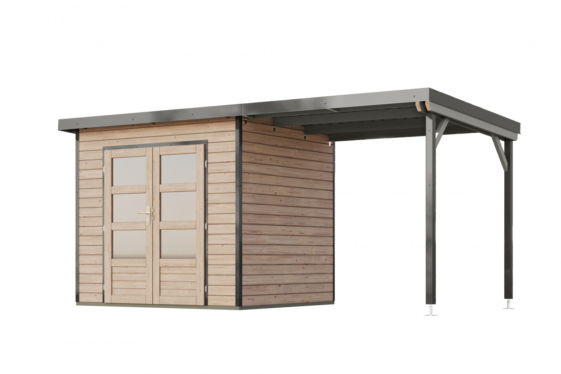 Karibu Pultdach Holz & Metall Gartenhaus Pluto 2 Set mit Anbaudach 2,33 m, naturbelassen / graualuminium