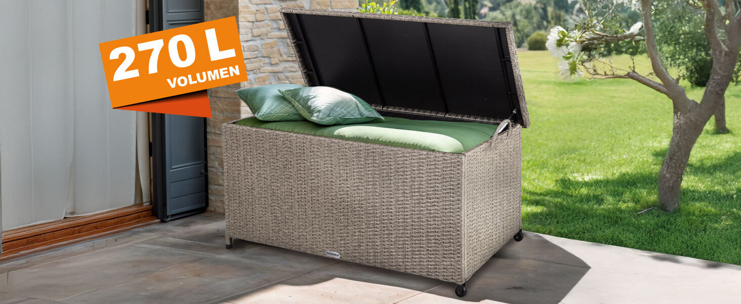 Gartenbox Polyrattan 625L wetterfest abschließbar mit Rollen