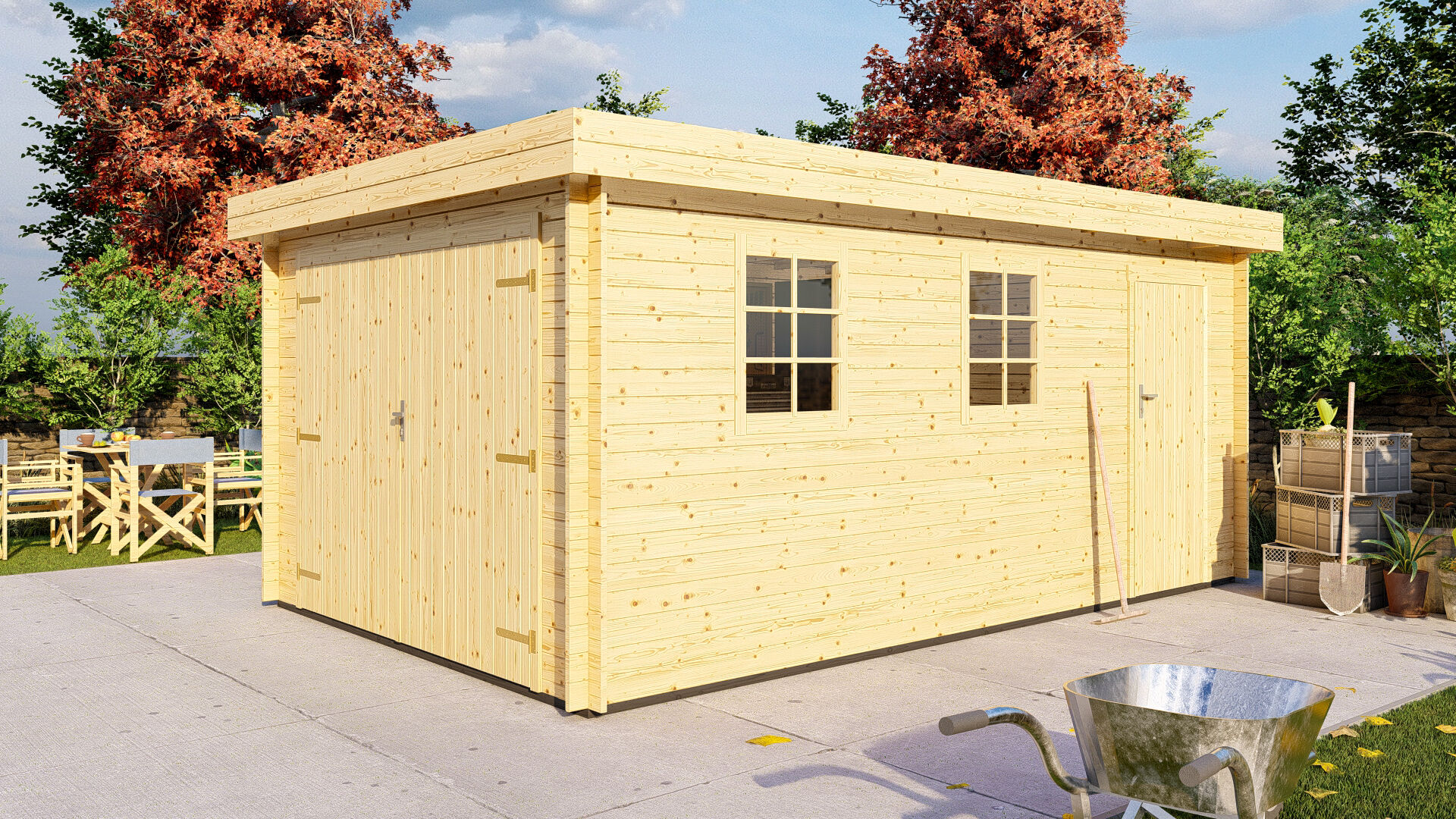 Flachdach Holzgarage Schweden 51 – 28 mm Blockbohlen Garage mit Seitentür & Doppeltor